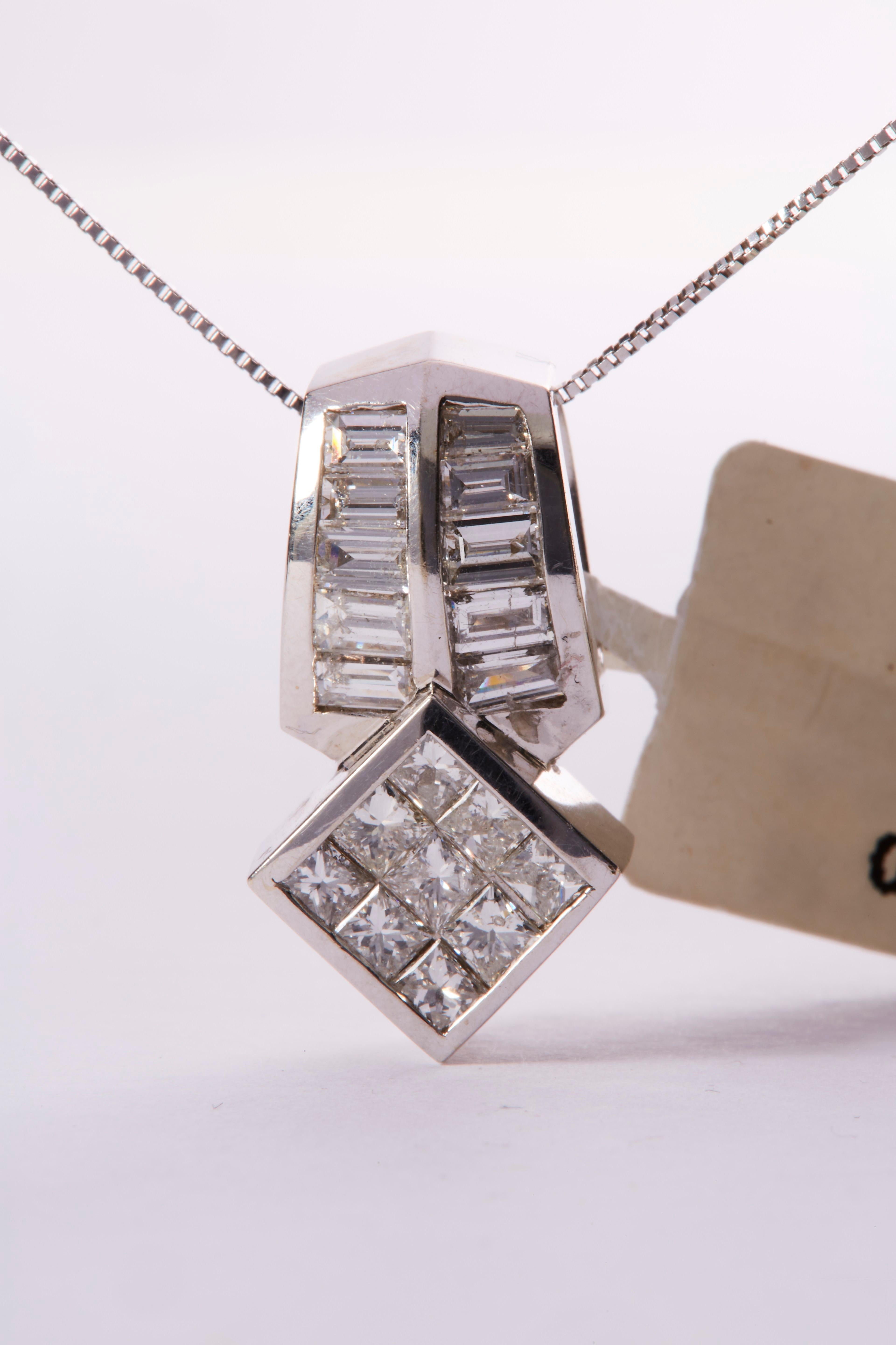Baguette Cut 14k White Gold 1 1/2 Carat Diamond Multi-Shape Pendant Necklace For Sale