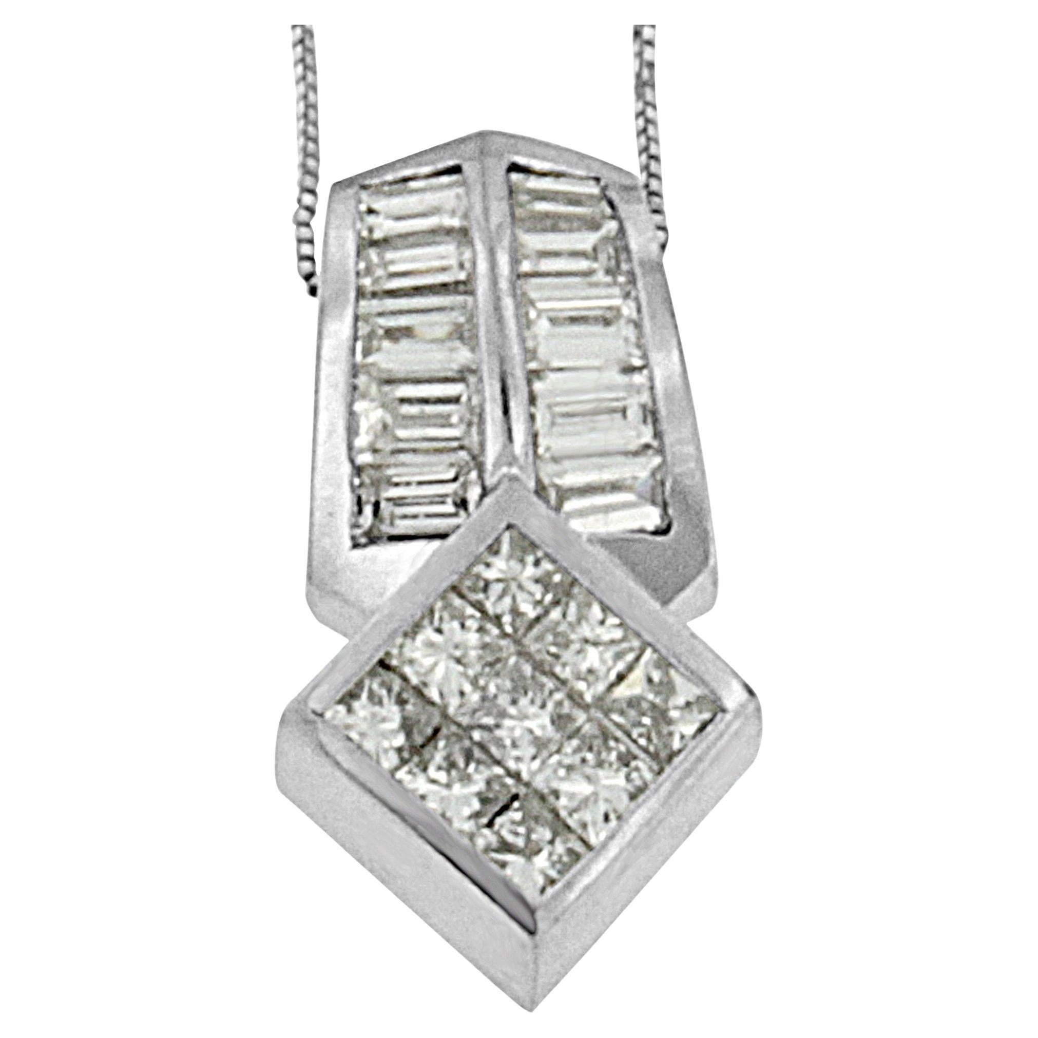 14k White Gold 1 1/2 Carat Diamond Multi-Shape Pendant Necklace For Sale