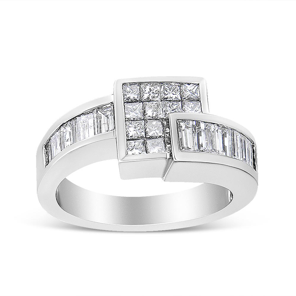 A vintage allure mixes with a modern edge in this gorgeous bypass ring crafted of genuine 14k white gold. A centerpiece of princess-cut diamonds sits within a striking invisible setting that perfectly showcases the sparkling stones and the precious