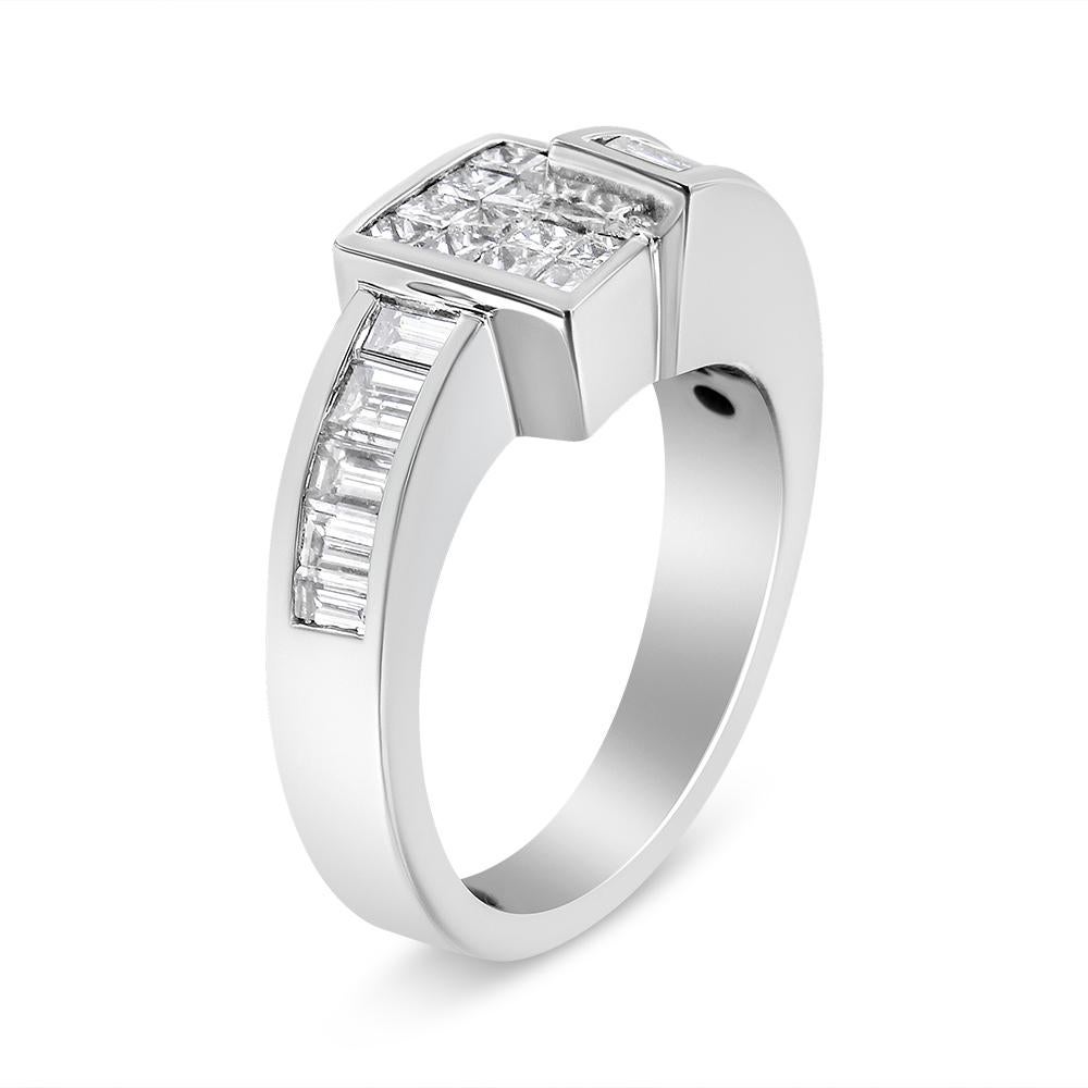 Moderne Bague bypass géométrique en or blanc 14 carats avec diamants princesse et baguette de 1 1/2 carat en vente