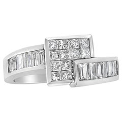 14K White Gold 1 1/2 Carat Princess and Baguette Diamond Geometric Bypass Ring