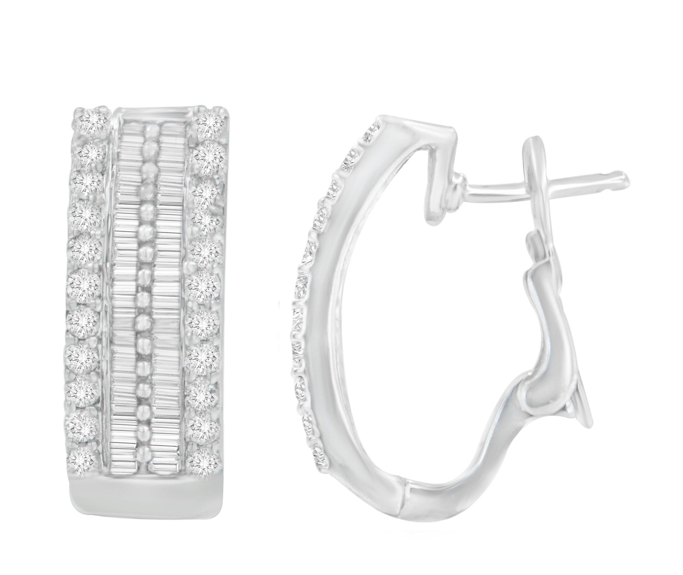 Surprise her with this pair of stunning 14k white gold and diamond hoop earrings.  Each elegantly rounded piece is filled with pave and channel set baguette and round cut diamonds.  Alternating rows of shimmering diamonds create a classic pattern