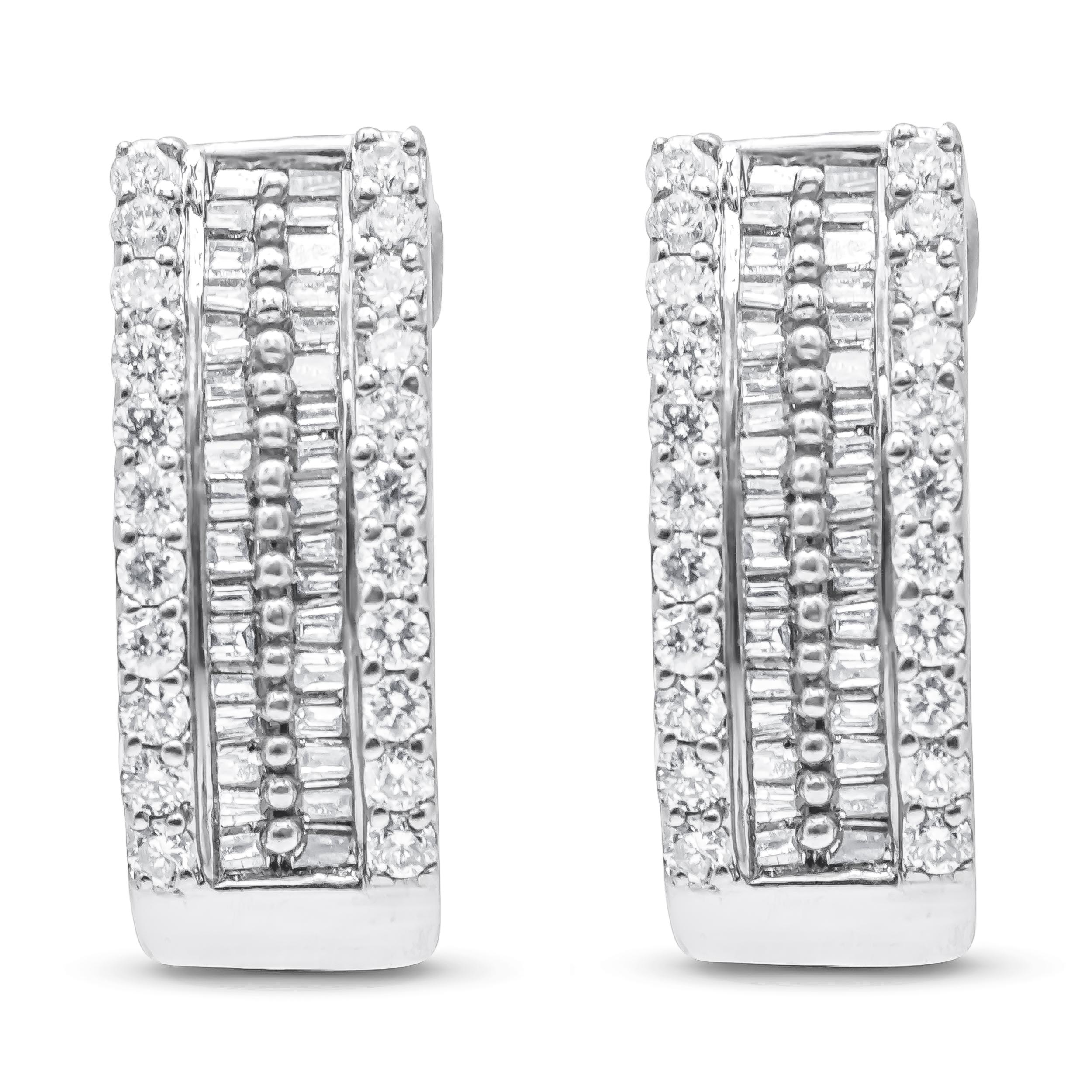 Experience the epitome of elegance with our 14K white gold diamond hoop earrings. Adorned with a breathtaking total of 108 natural diamonds, including 44 round and 64 baguette-cut gems, these earrings exude opulence. With a total weight of 1.5