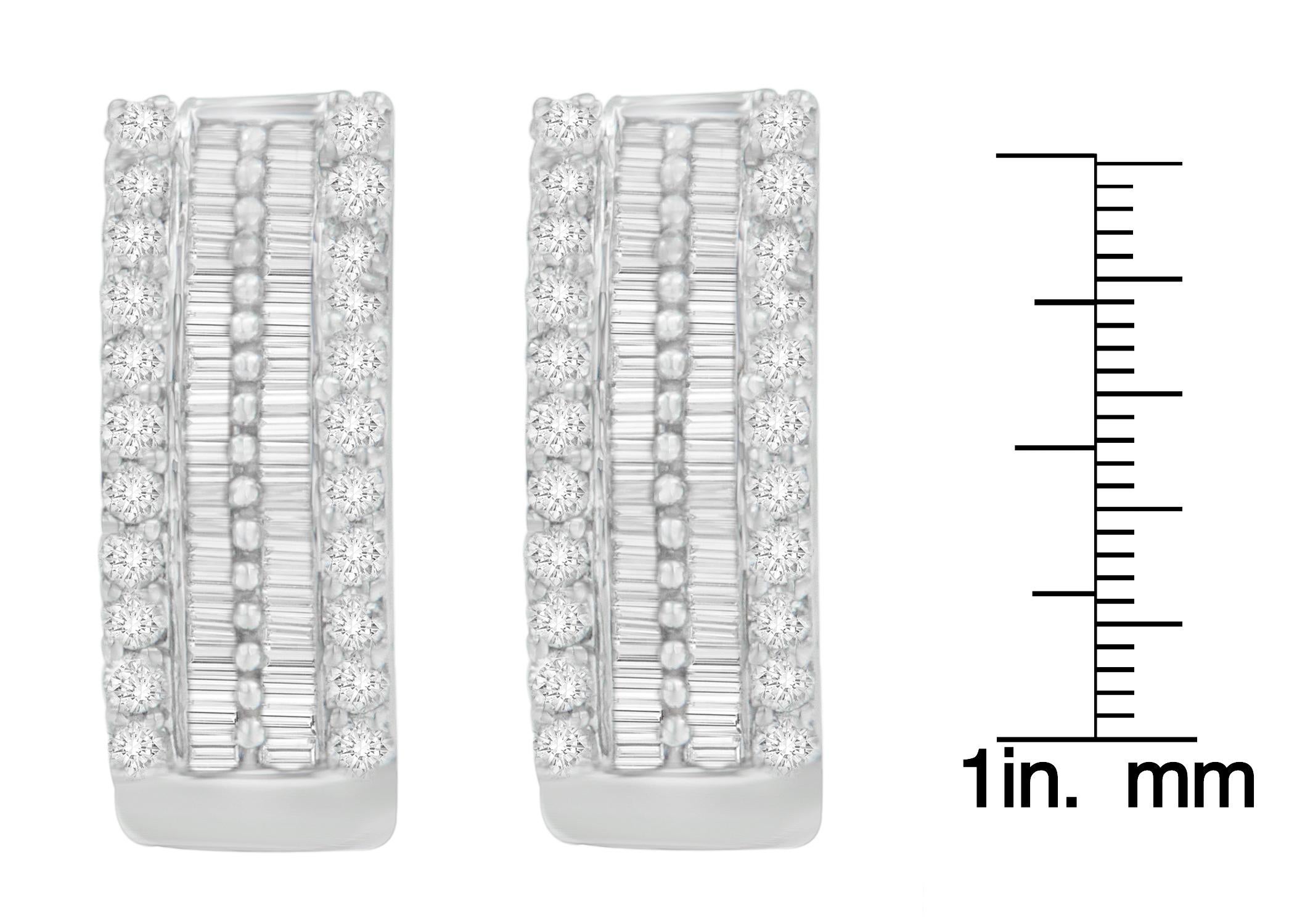 Round Cut 14K White Gold 1 1/2 Carat Round and Baguette Cut Diamond Hoop Earrings For Sale