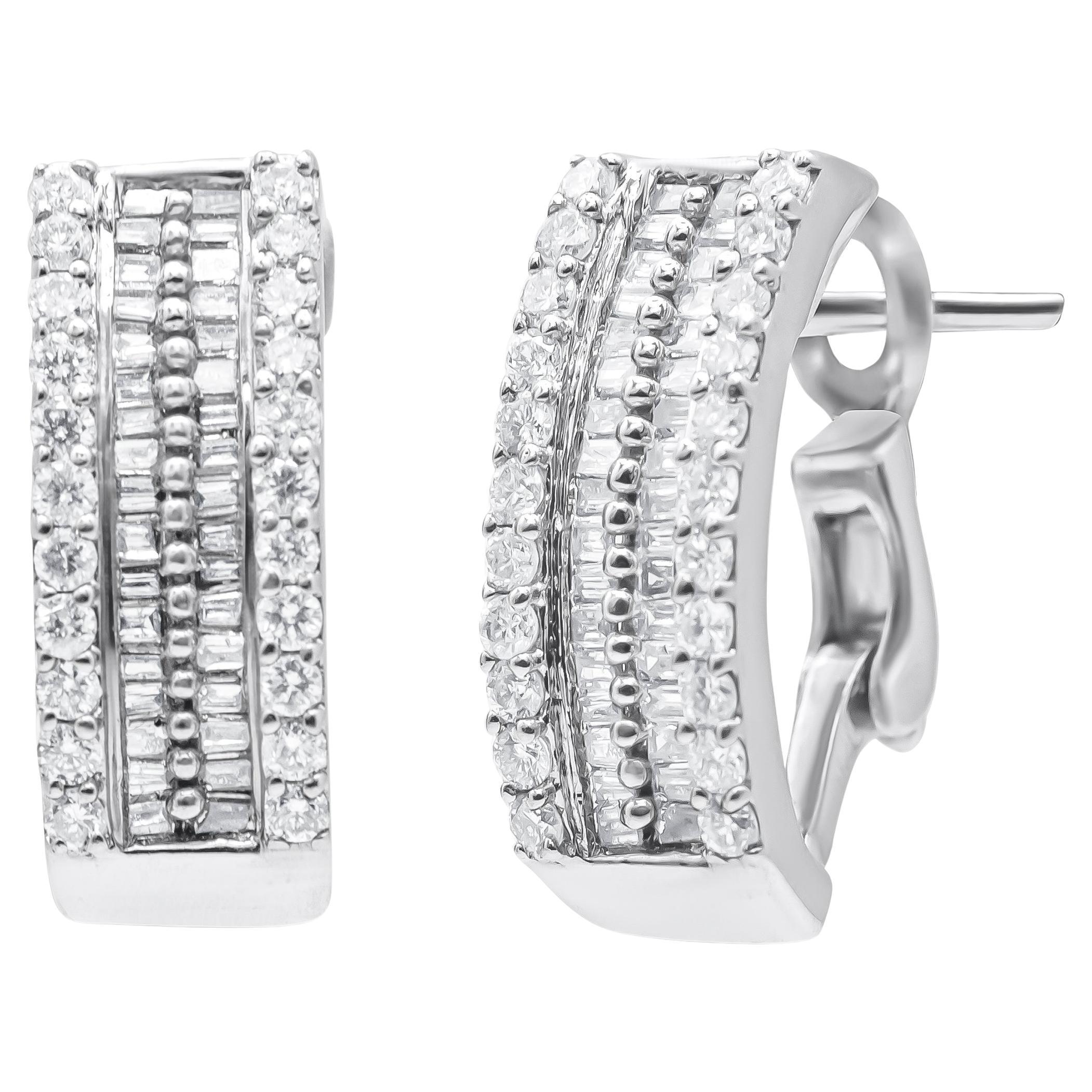 14K White Gold 1 1/2 Carat Round and Baguette Cut Diamond Hoop Earrings For Sale