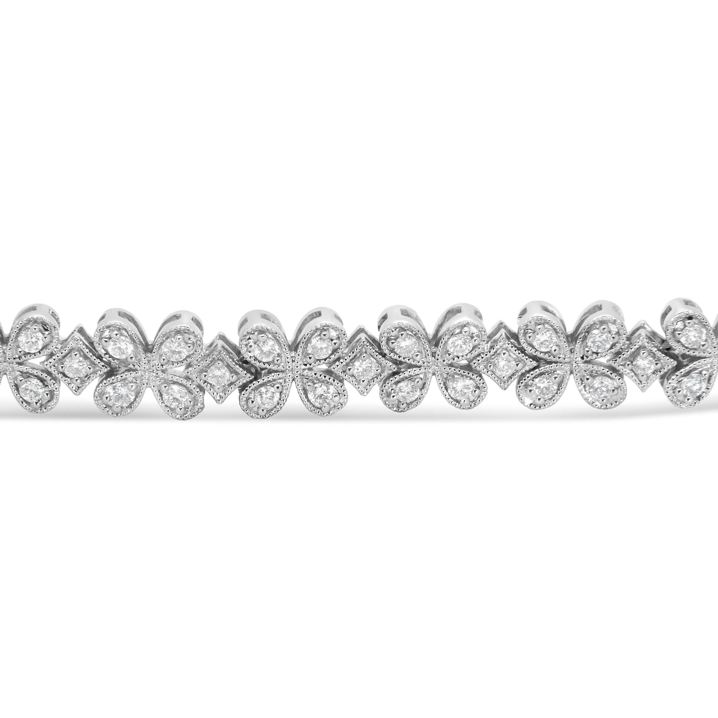 Round Cut 14K White Gold 1 1/2 Carat Round Diamond Floral Clover-Shaped Link Bracelet