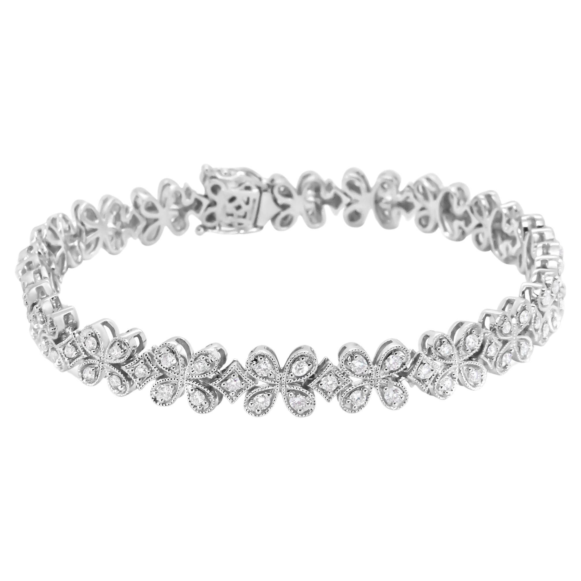 14K White Gold 1 1/2 Carat Round Diamond Floral Clover-Shaped Link Bracelet