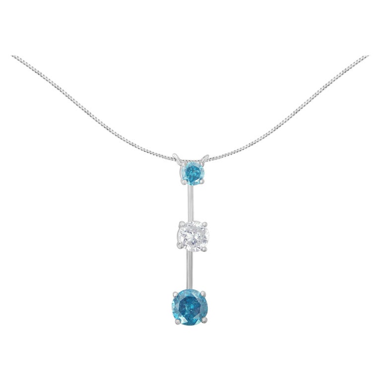 14K White Gold 1 1/2 Carat White and Treated Blue Diamond Pendant