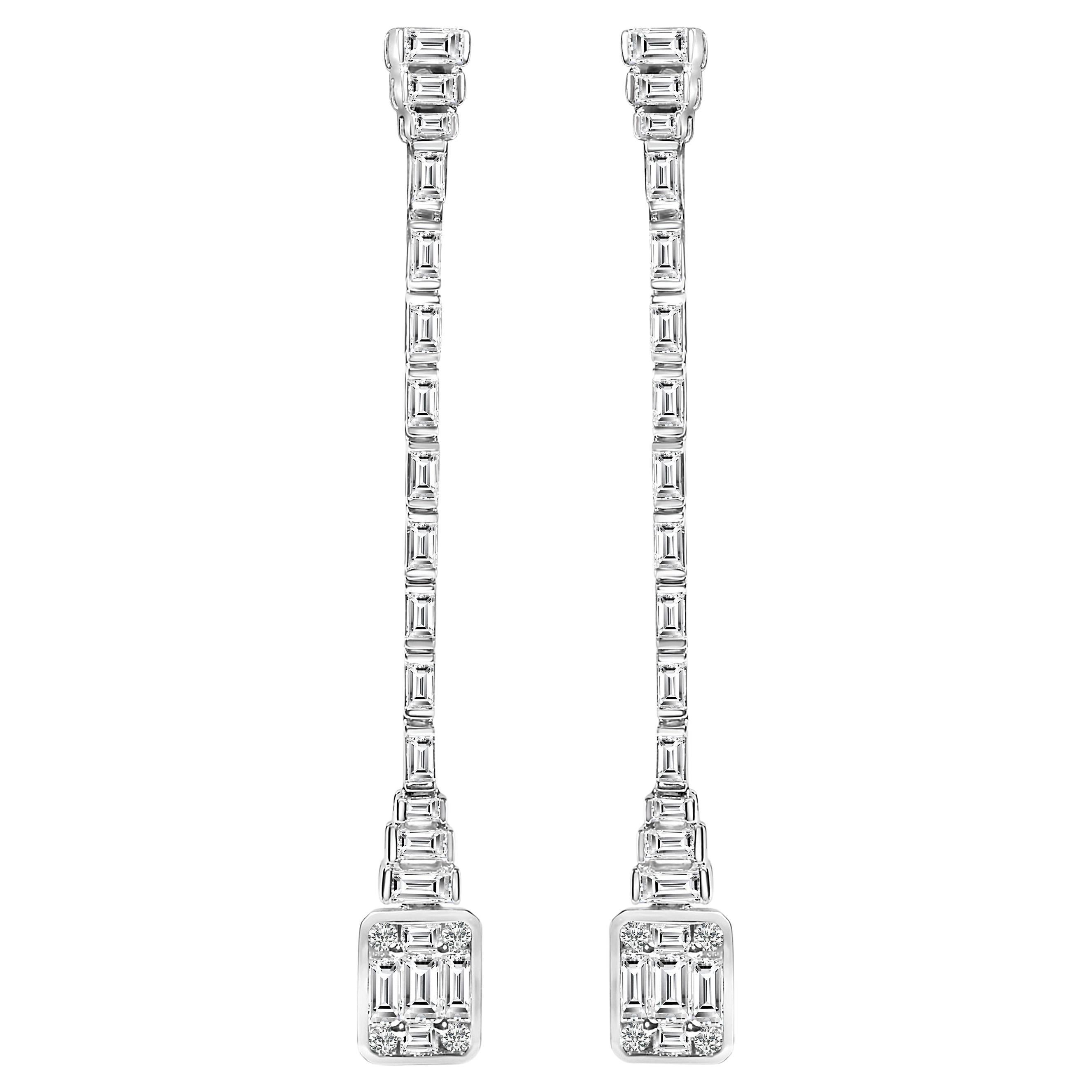 14K White Gold 1 1/2 Cttw Baguette Diamond Composite Mosaic 2" Inch Drop Earring