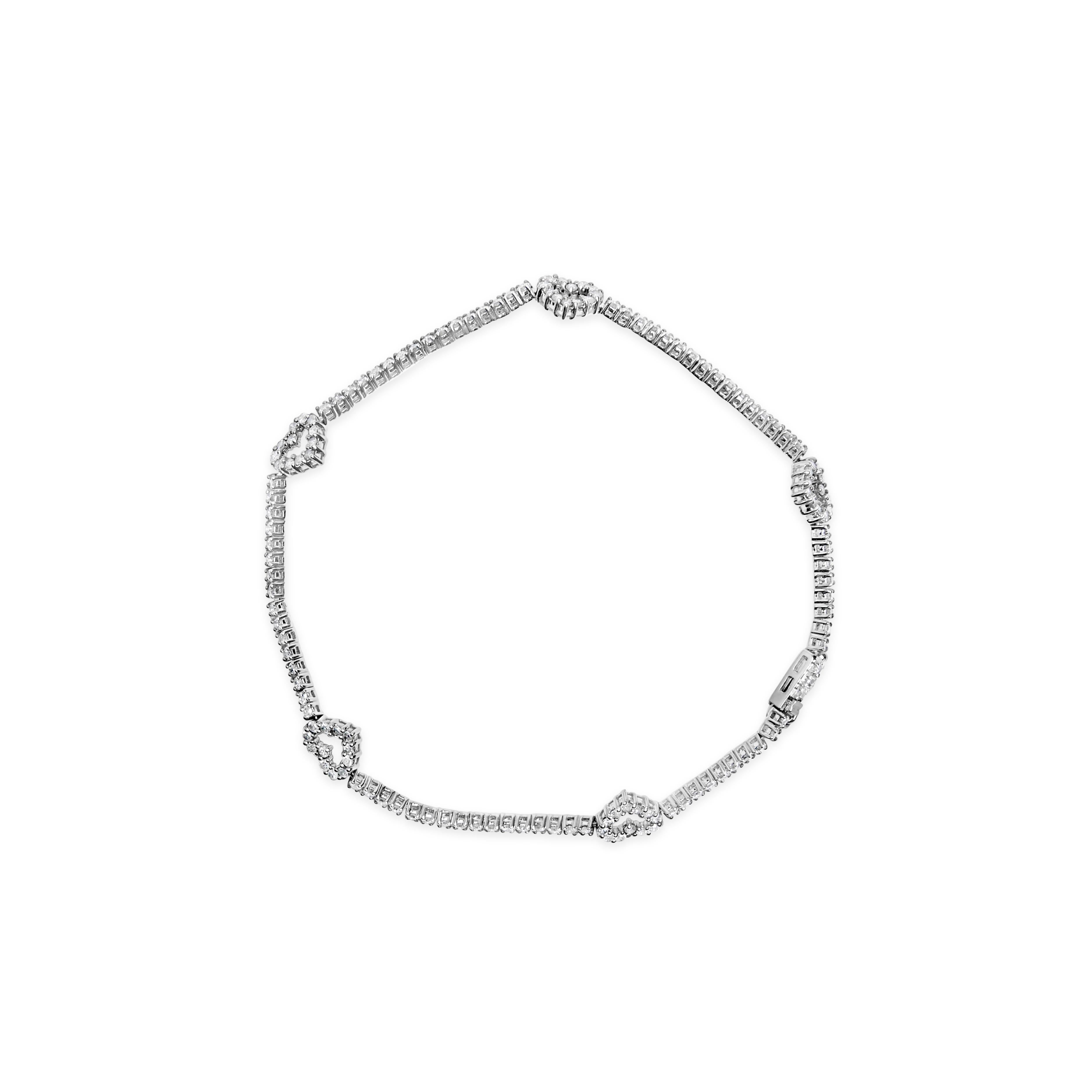 Modern 14K White Gold 1 1/2 Cttw Diamond Heart Station Strand Bracelet For Sale