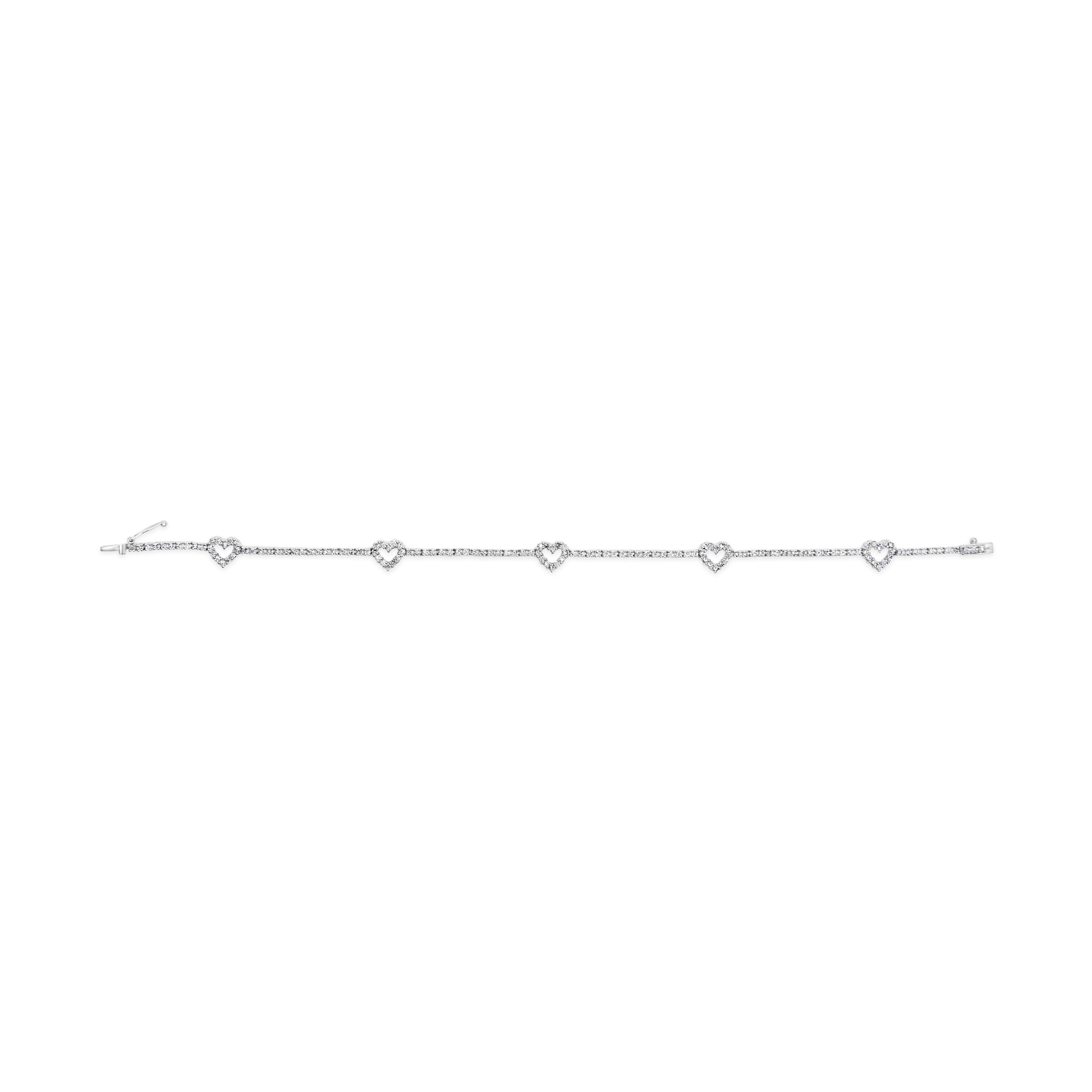 Round Cut 14K White Gold 1 1/2 Cttw Diamond Heart Station Strand Bracelet For Sale
