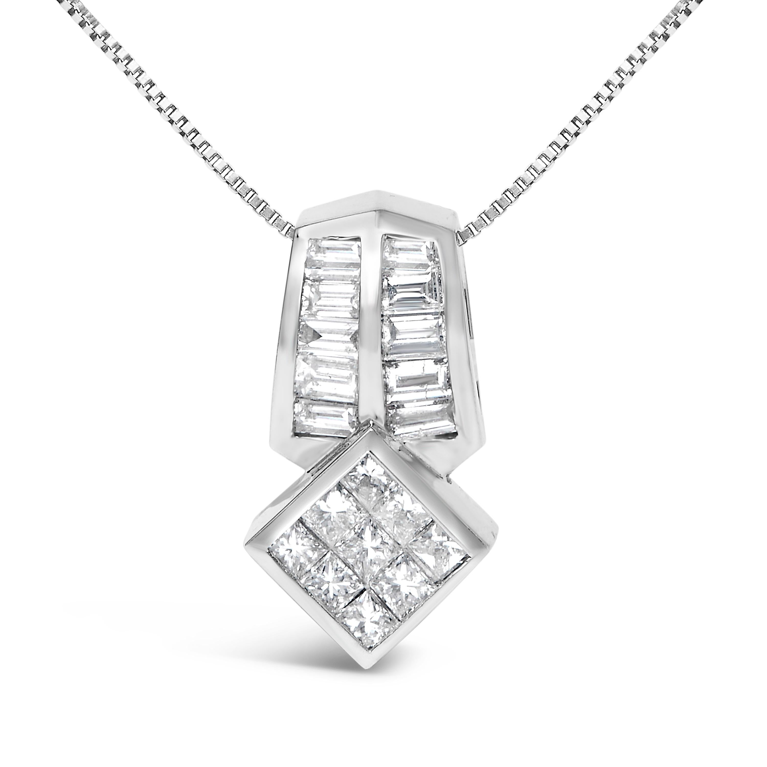 Sumérgete en la resplandeciente belleza de este collar colgante de oro blanco de 14 quilates, donde la elegancia se une a la precisión. Bañado en un acabado rodiado, el collar brilla con un conjunto de diamantes meticulosamente engastados,