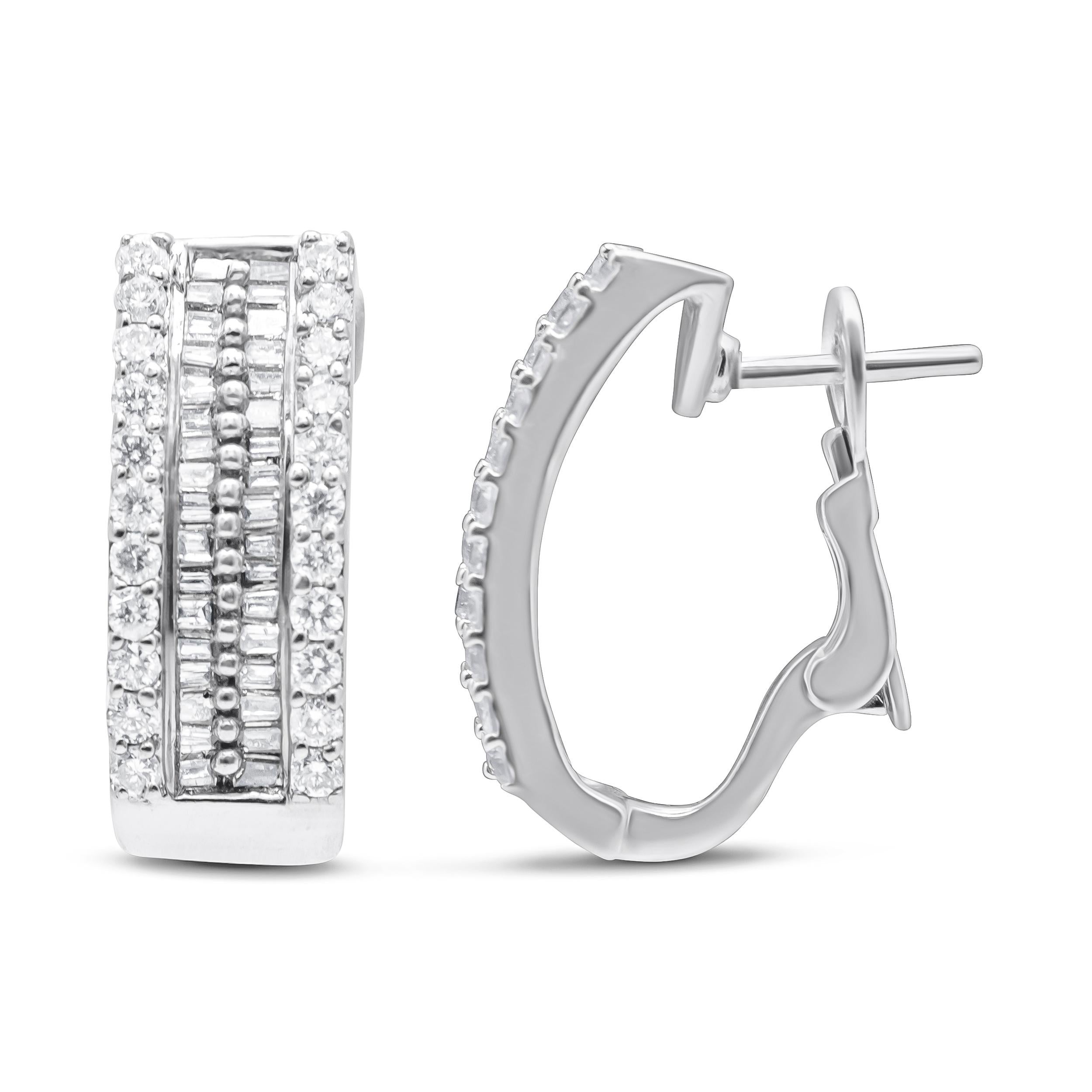 Modern 14K White Gold 1 1/2 cttw Round and Baguette Cut Diamond Earrings (H-I, SI2-I1) For Sale