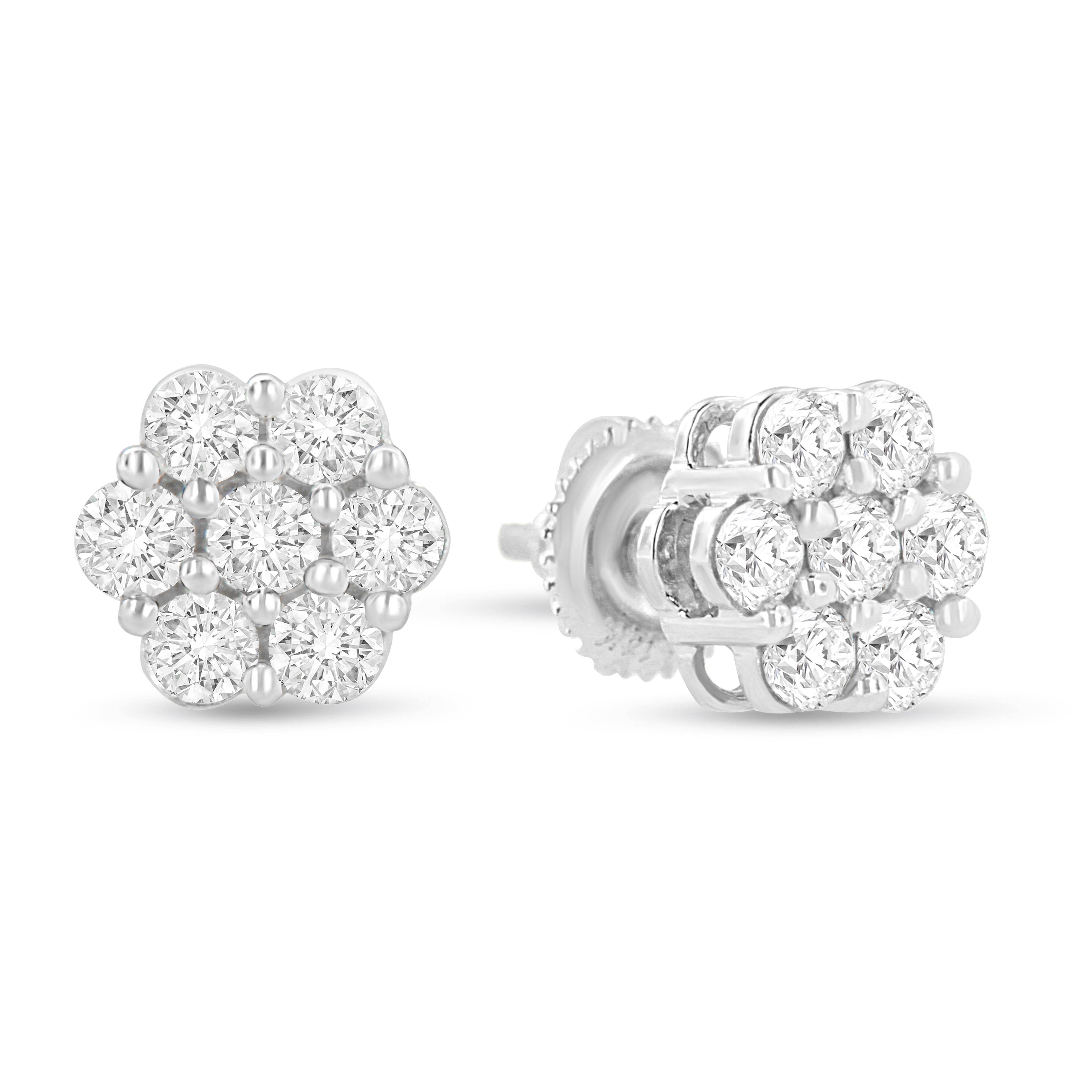 Modern 14K White Gold 1 1/2 cttw Round-Cut Diamond Floral Cluster Stud Earrings For Sale