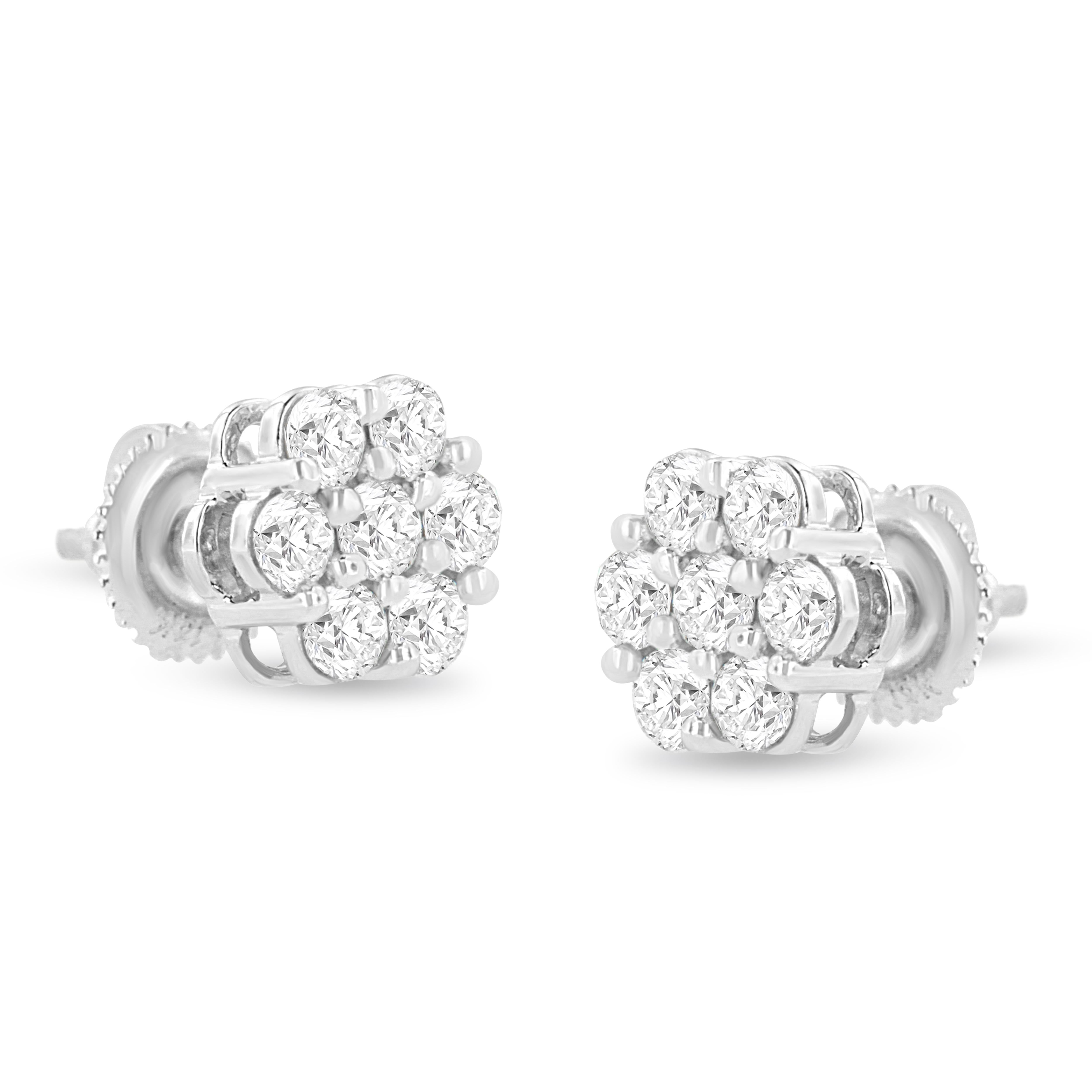 Round Cut 14K White Gold 1 1/2 cttw Round-Cut Diamond Floral Cluster Stud Earrings For Sale