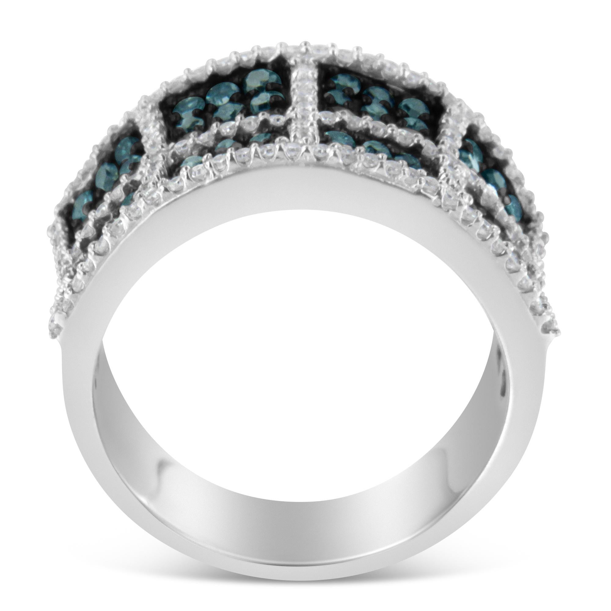 Stun everyone with your unique choice of rings by wearing this remarkable diamond ring. This fashion ring is buffed to the lustrous shine of treated blue diamonds that all are framed in the fine prong setting. The perfect arrangement of treated blue