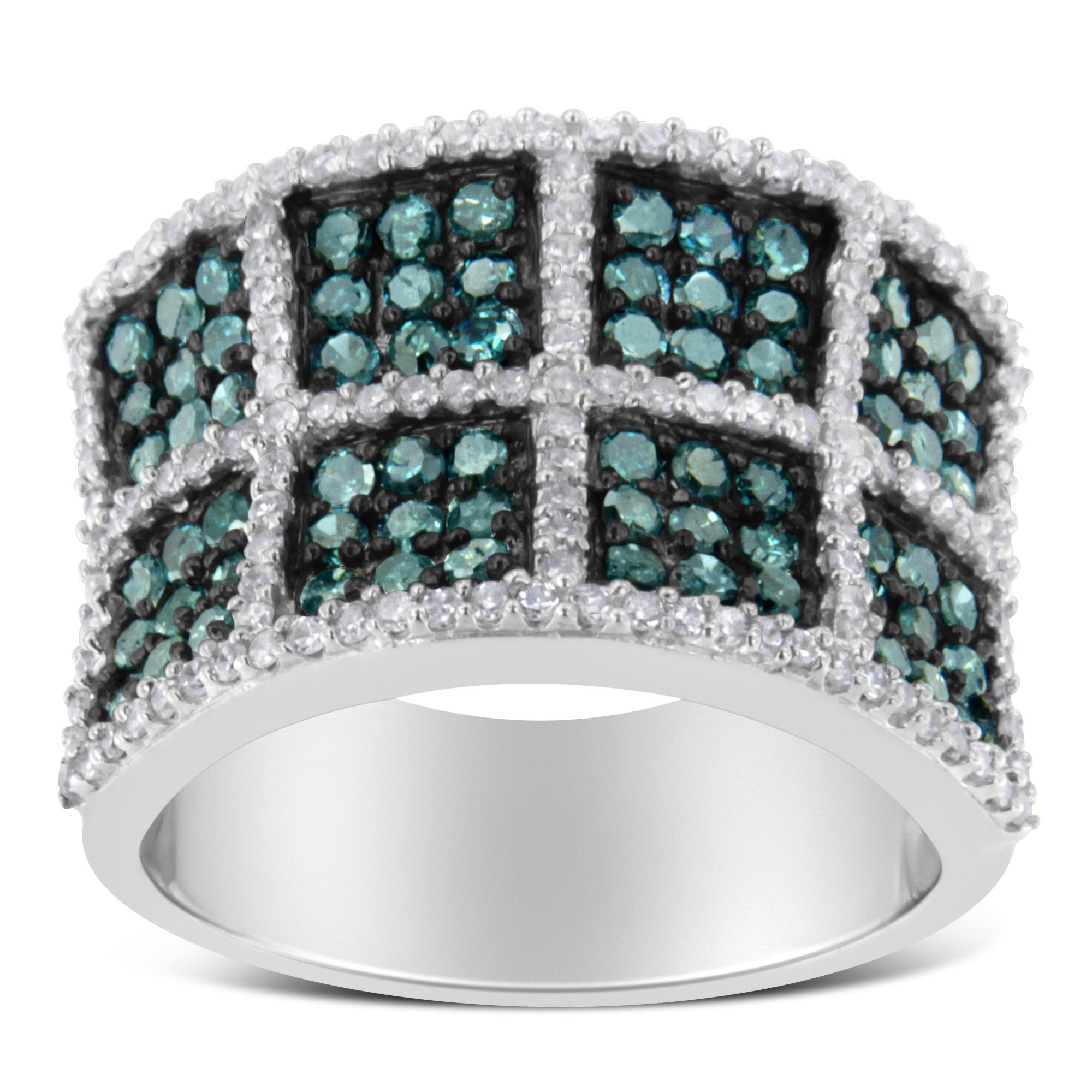 Modern 14K White Gold 1 1/2 Cttw White and Treated Blue Diamond Cocktail Ring For Sale
