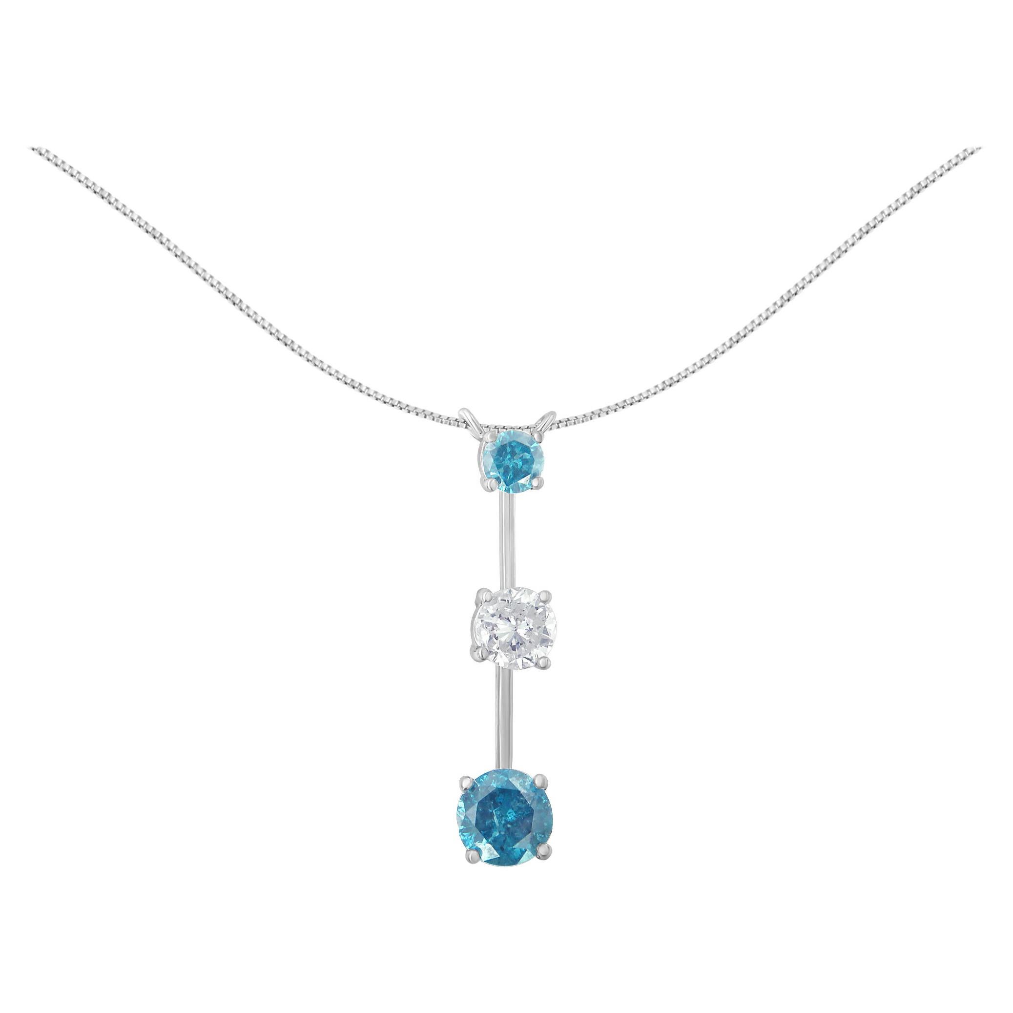 14k White Gold 1 1/2 Cttw White and Treated Blue Diamond Pendant Necklace