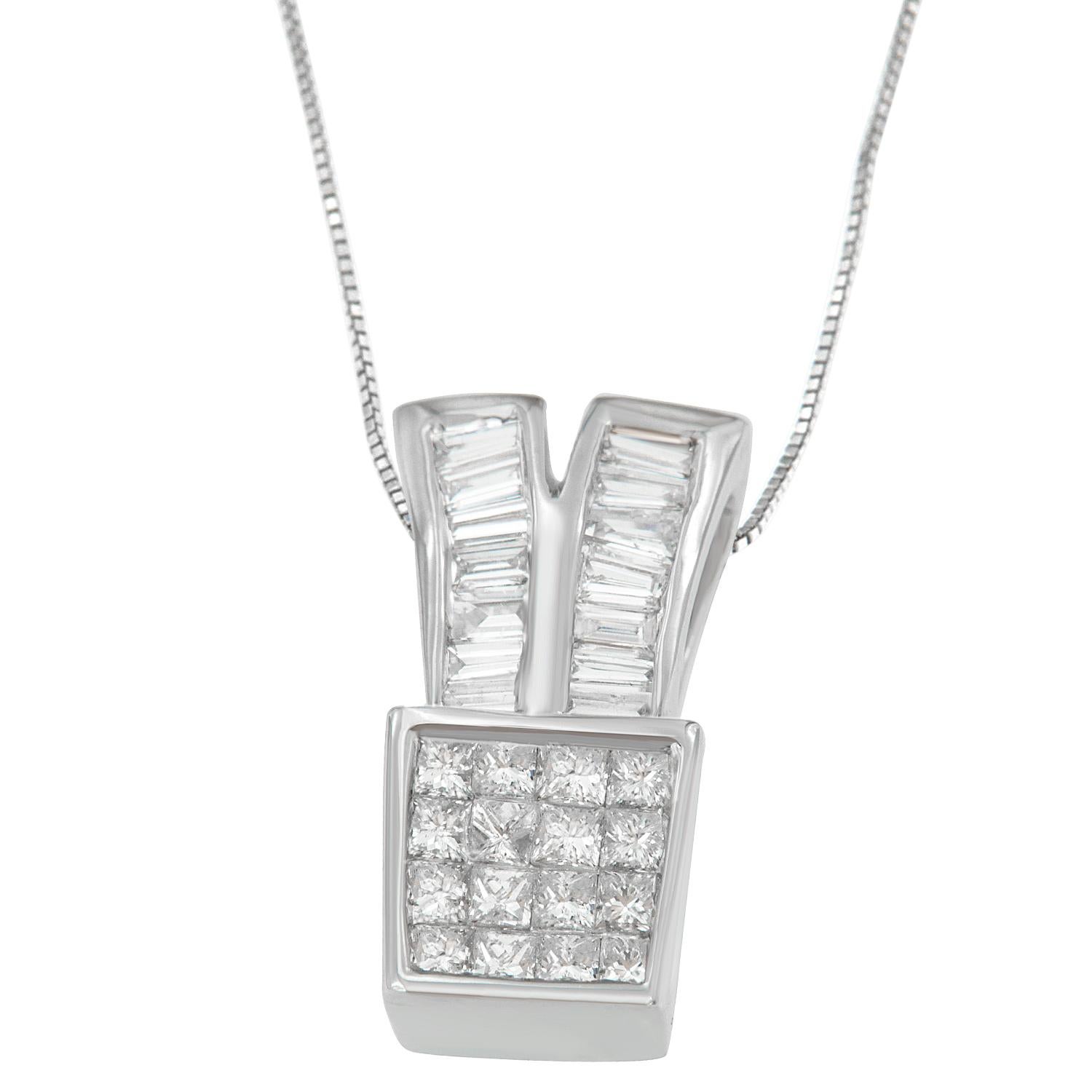 Let her style sparkle with this radiant pendant finished in 14 karat white gold. Bands of princess and baguette cut diamonds, totaling over one carat, come together, creating a unique shape sure to get lots of envious looks. This beautiful necklace