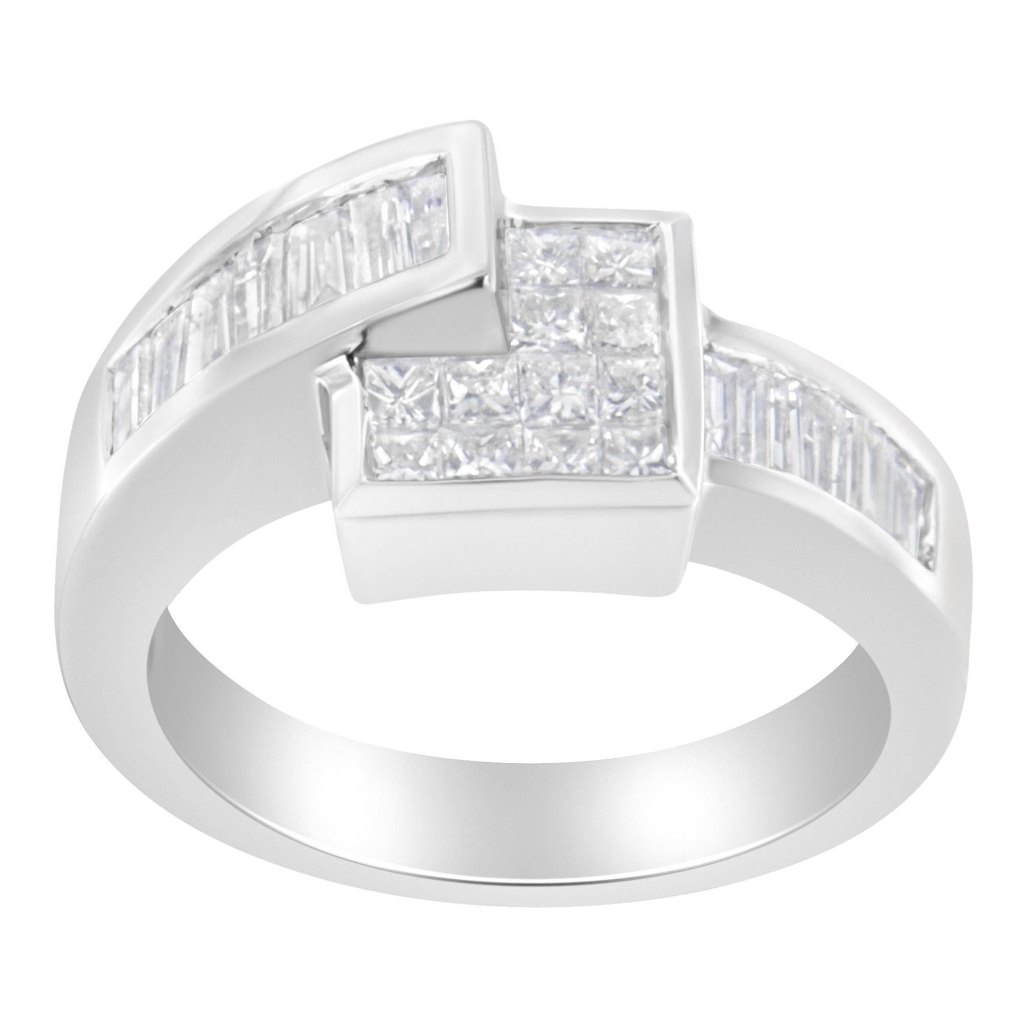 Princess Cut 14K White Gold 1 1/3 Carat Princess and Baguette-Cut Diamond Ring For Sale