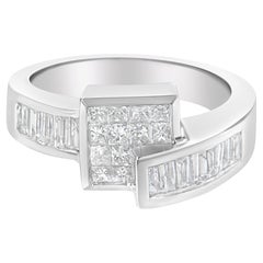 14K White Gold 1 1/3 Carat Princess and Baguette-Cut Diamond Ring