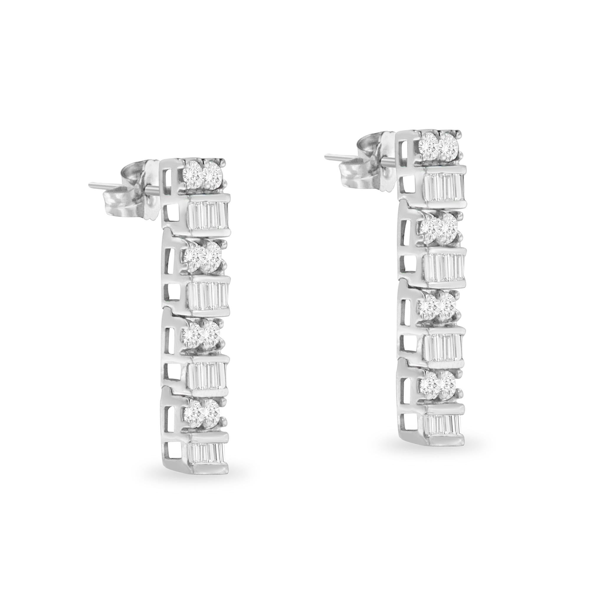 Contemporary 14K White Gold 1 1/3 Carat Round and Baguette-Cut Diamond Drop Stud Earrings For Sale