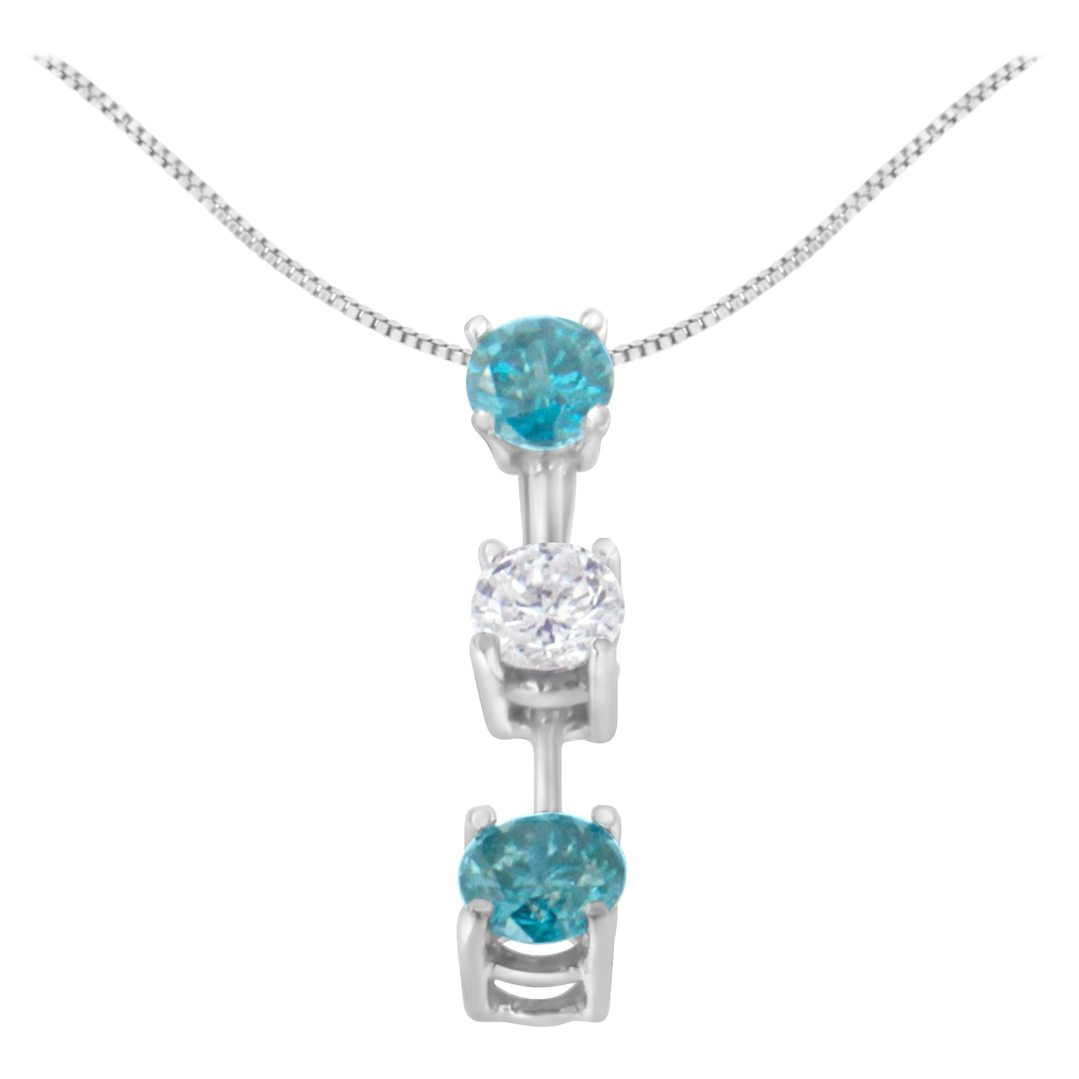 14K White Gold 1 1/3 Carat White and Treated Blue Diamond Pendant Necklace