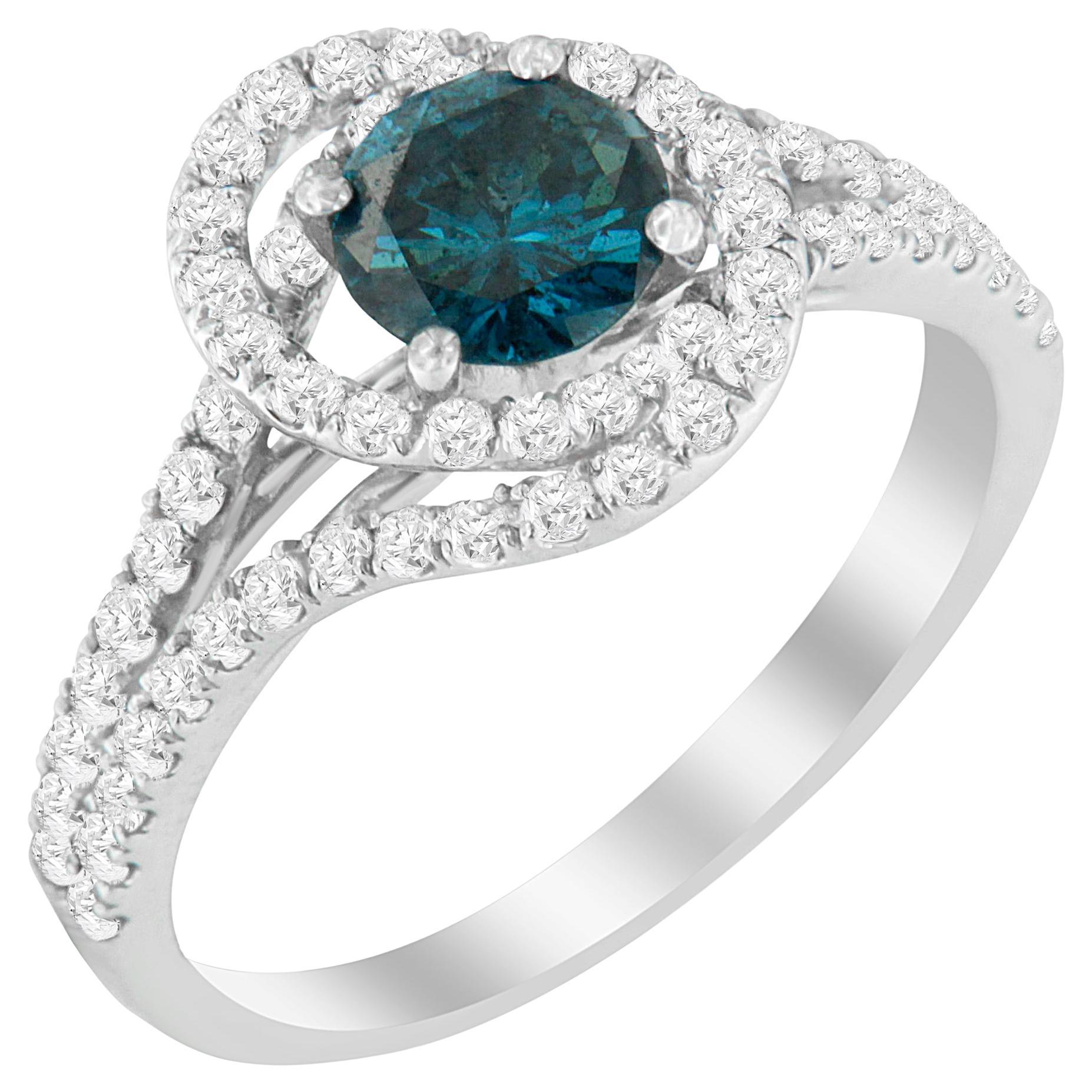 For Sale:  14K White Gold 1 1/3 Carat White & Blue Diamond Halo Cocktail Statement Ring