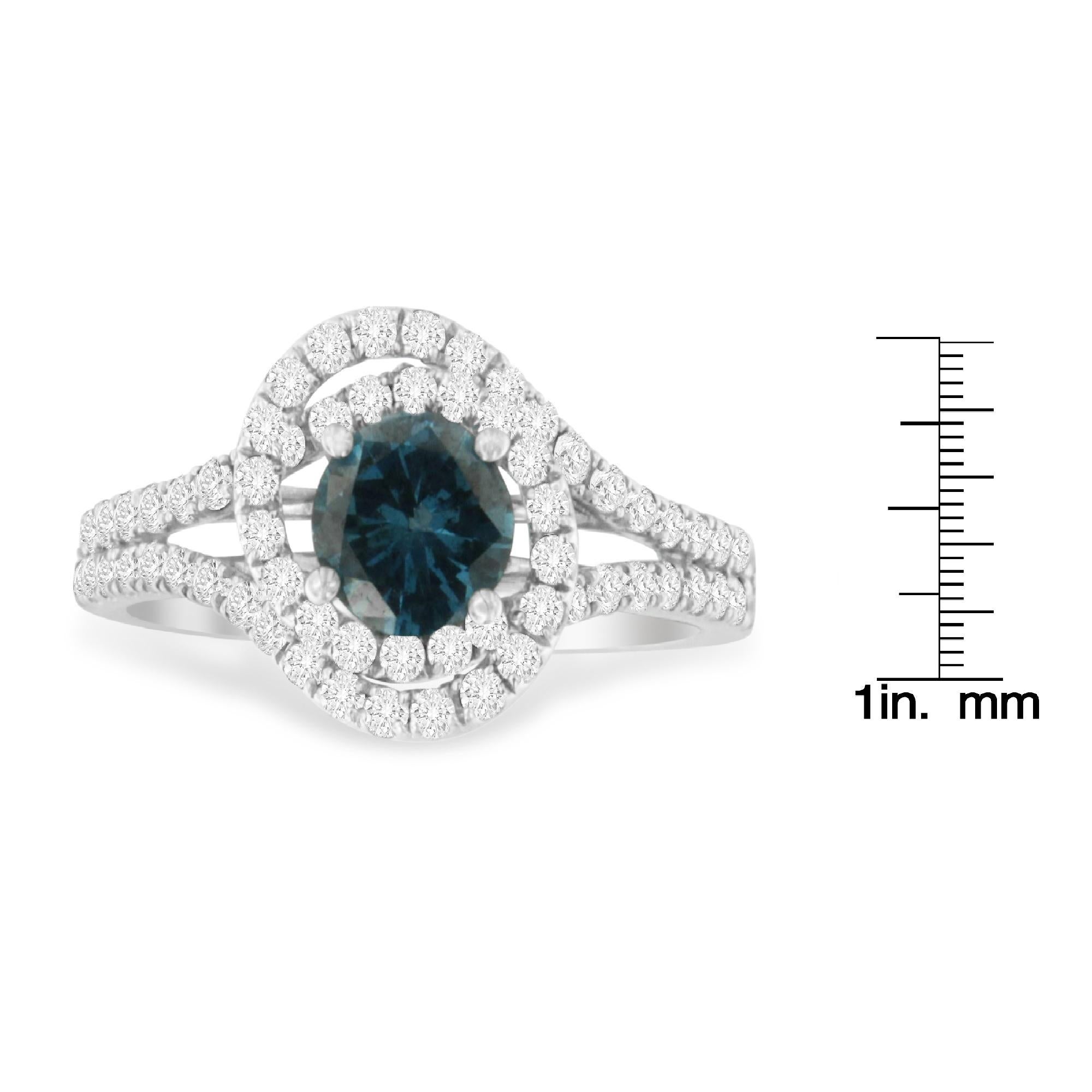 For Sale:  14K White Gold 1-1/3 Ct White & Blue Diamond Double Halo Cocktail Statement Ring 5