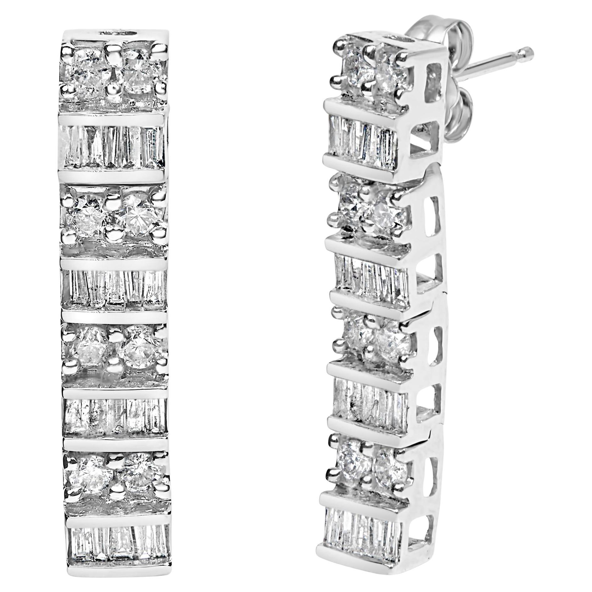14K White Gold 1 1/3 Cttw Alternating Round And Baguette Diamond Drop Earrings en venta
