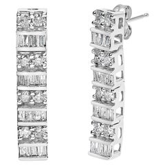 14K White Gold 1 1/3 Cttw Alternating Round And Baguette Diamond Drop Earrings