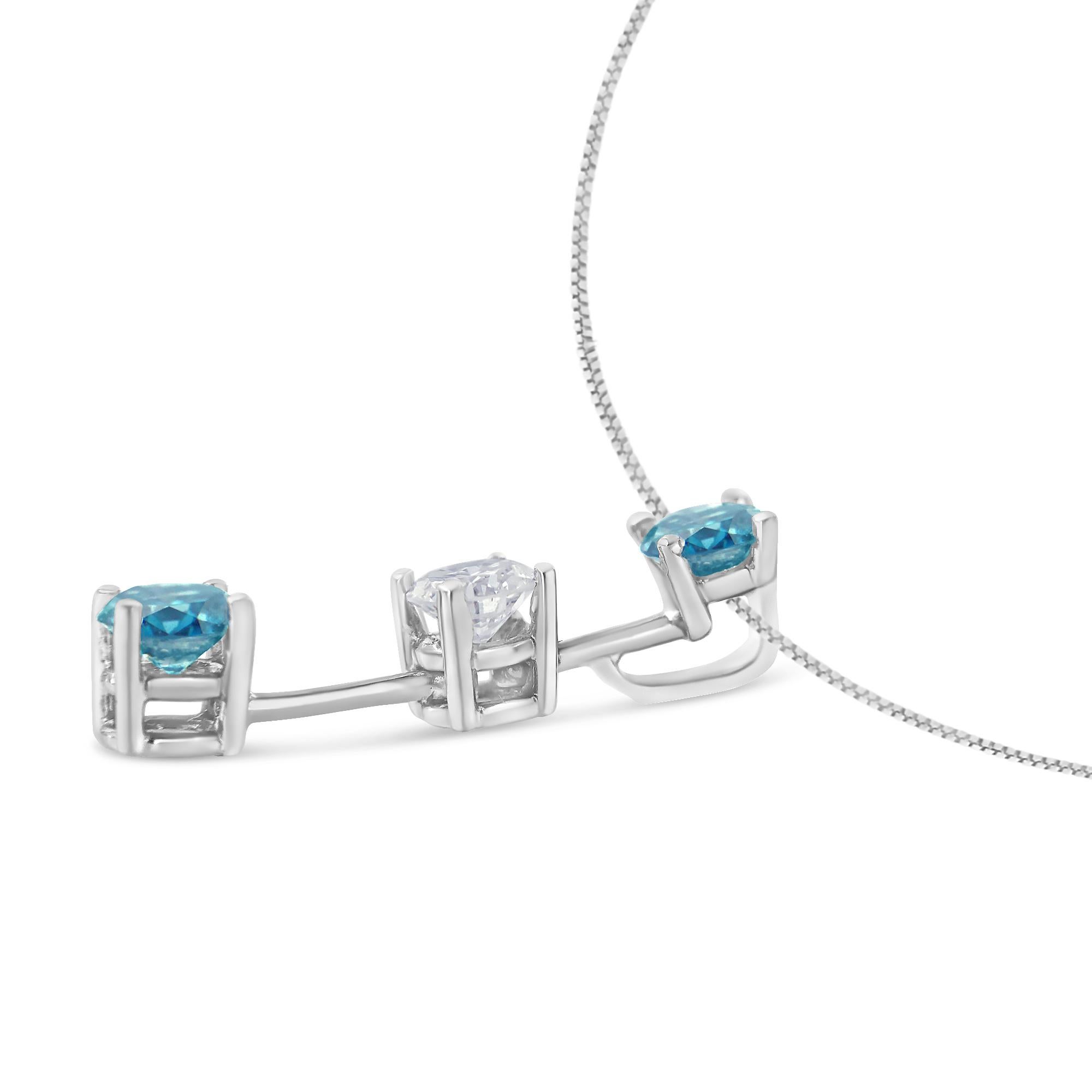 Taille ronde Collier pendentif en or blanc 14 carats avec diamants blancs et bleus traités de 1 1/3 carat poids total