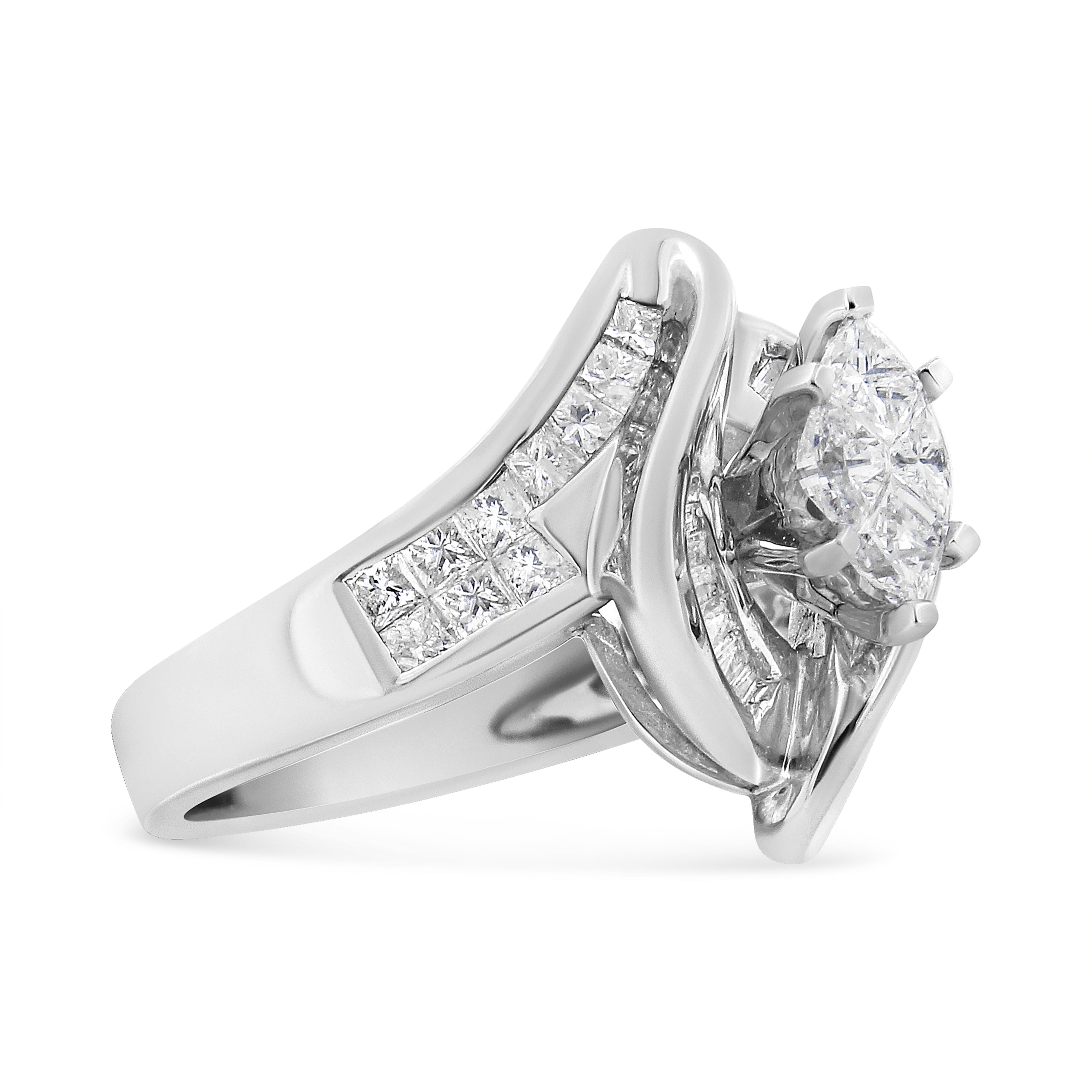 Bold and unique, this cocktail ring has an eye-catching swirl design in gleaming 14k white gold. The silver swirls frame a central cluster of 4 pie-cut diamonds that shine in an elegant prong setting. Baguette and princess-cut diamonds flank the