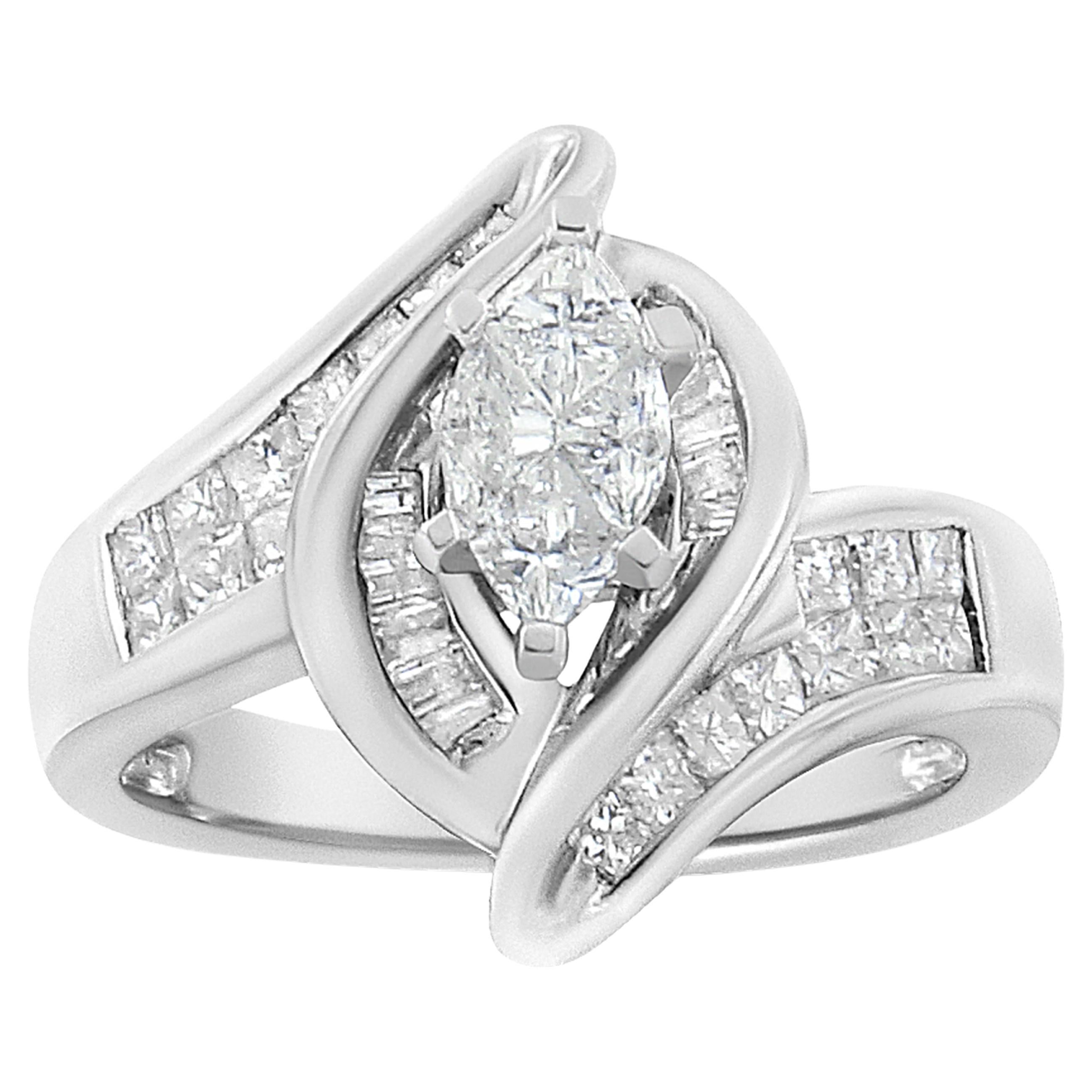 14K White Gold 1 1/4 Carat Diamond Marquise Shape Engagement Cocktail Ring For Sale