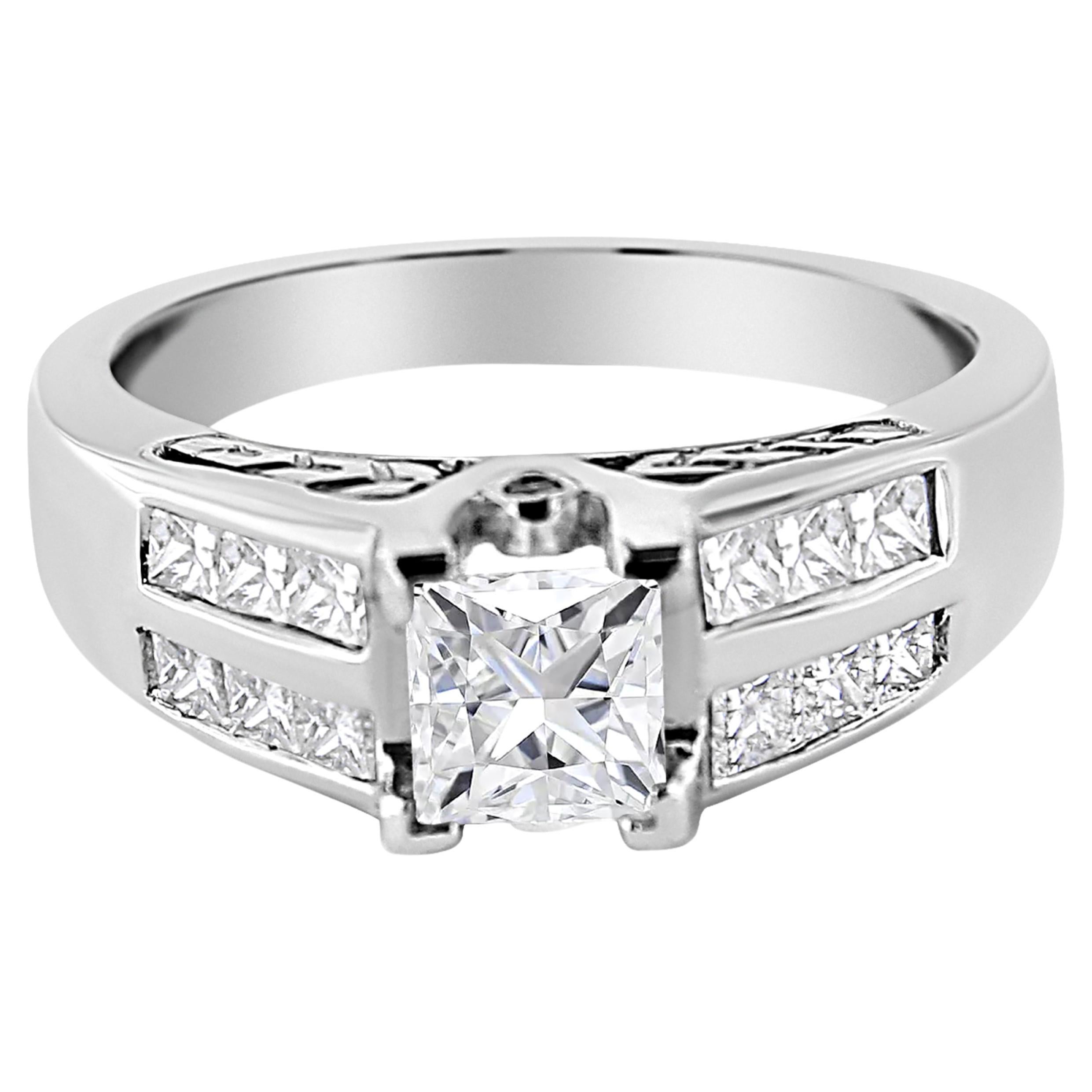 14K White Gold 1 1/4 Carat Princess Cut Diamond Channel Set Engagement Ring For Sale