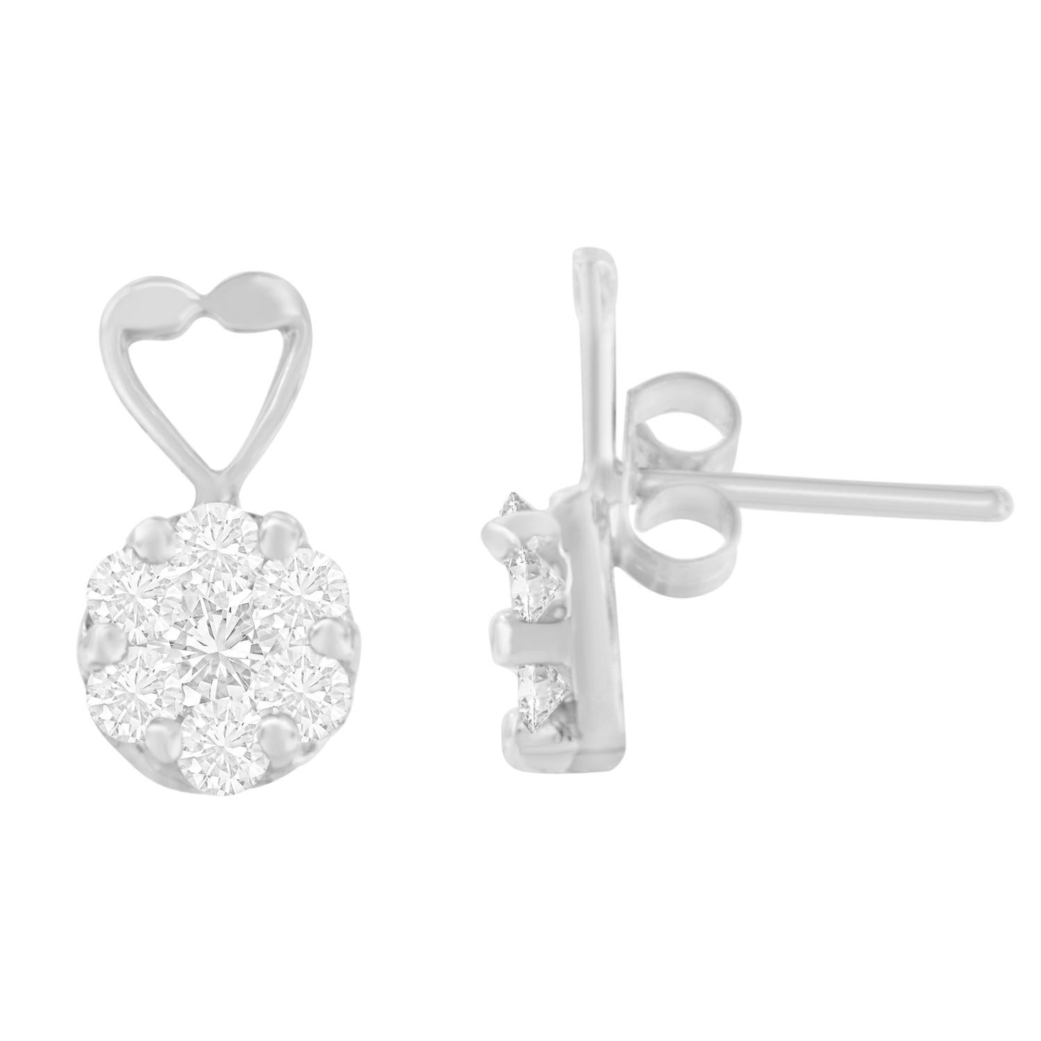 Contemporary 14K White Gold 1 1/4 Carat Round-Cut Diamond Floral Cluster Heart Earrings For Sale