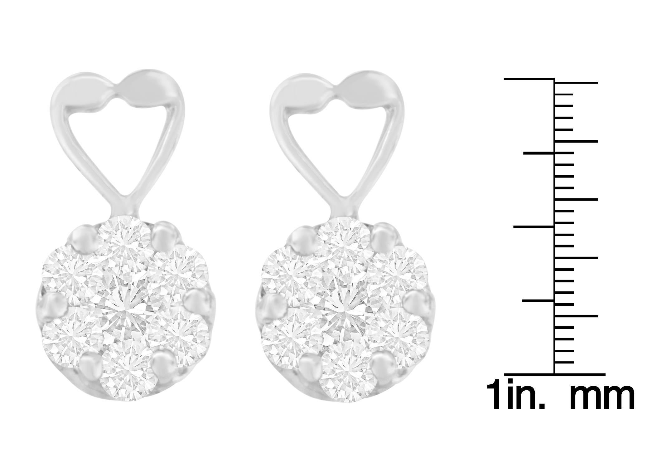 Round Cut 14K White Gold 1 1/4 Carat Round-Cut Diamond Floral Cluster Heart Earrings For Sale