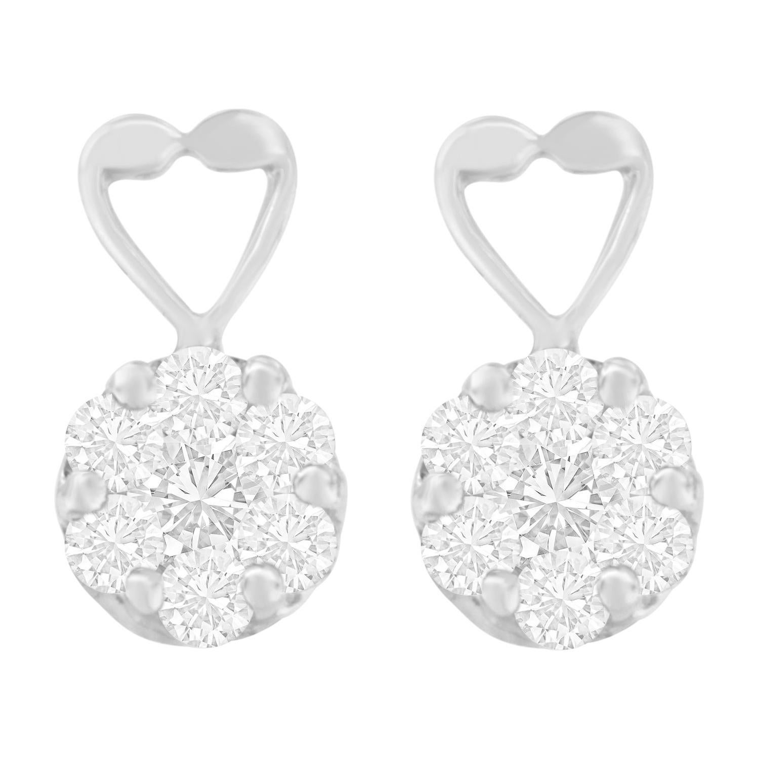 14K Weißgold Herzohrringe mit Blumen-Cluster mit rundem Diamanten im Rundschliff