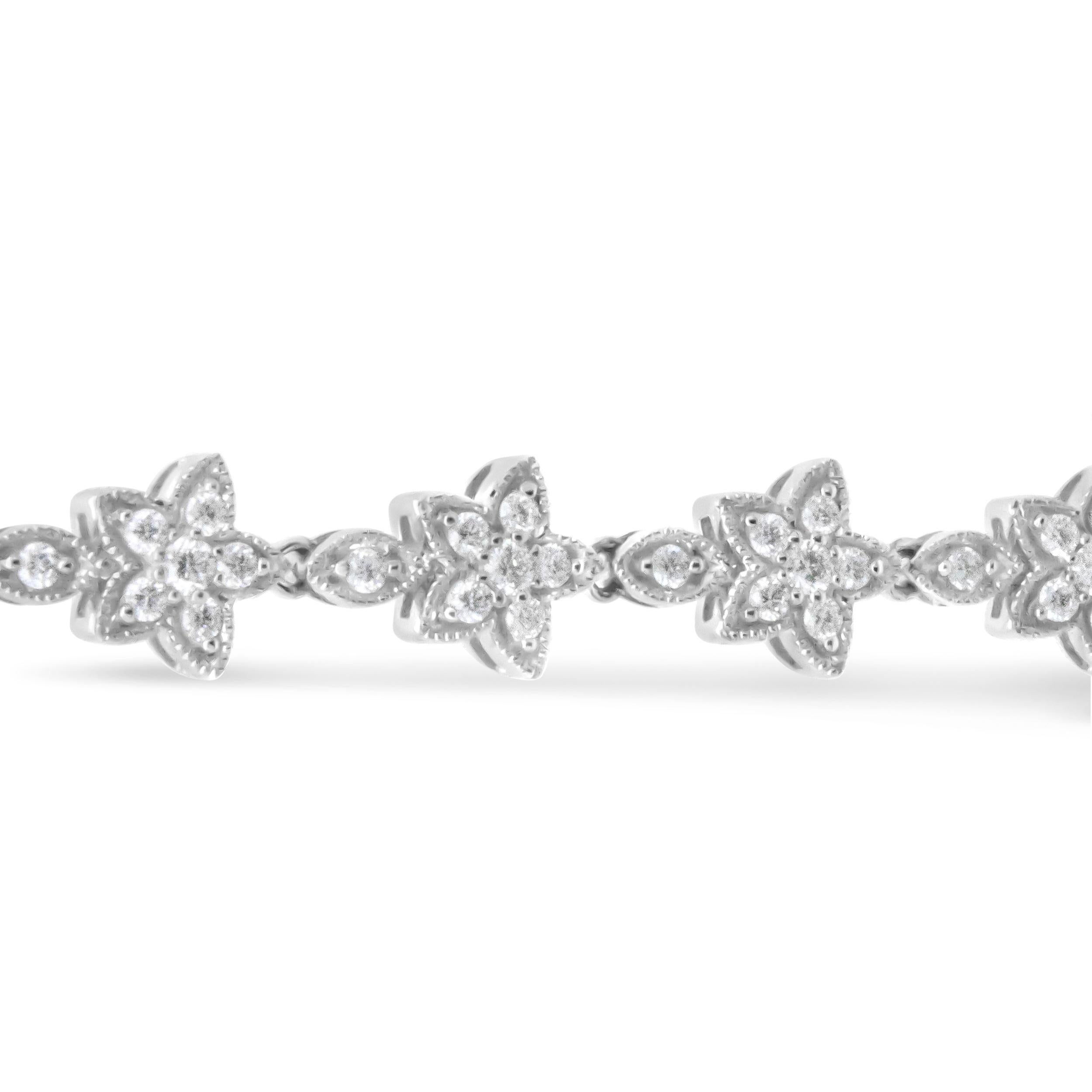 14K White Gold 1 1/5 Carat Round Diamond Flower Blossom Link Bracelet In New Condition For Sale In New York, NY
