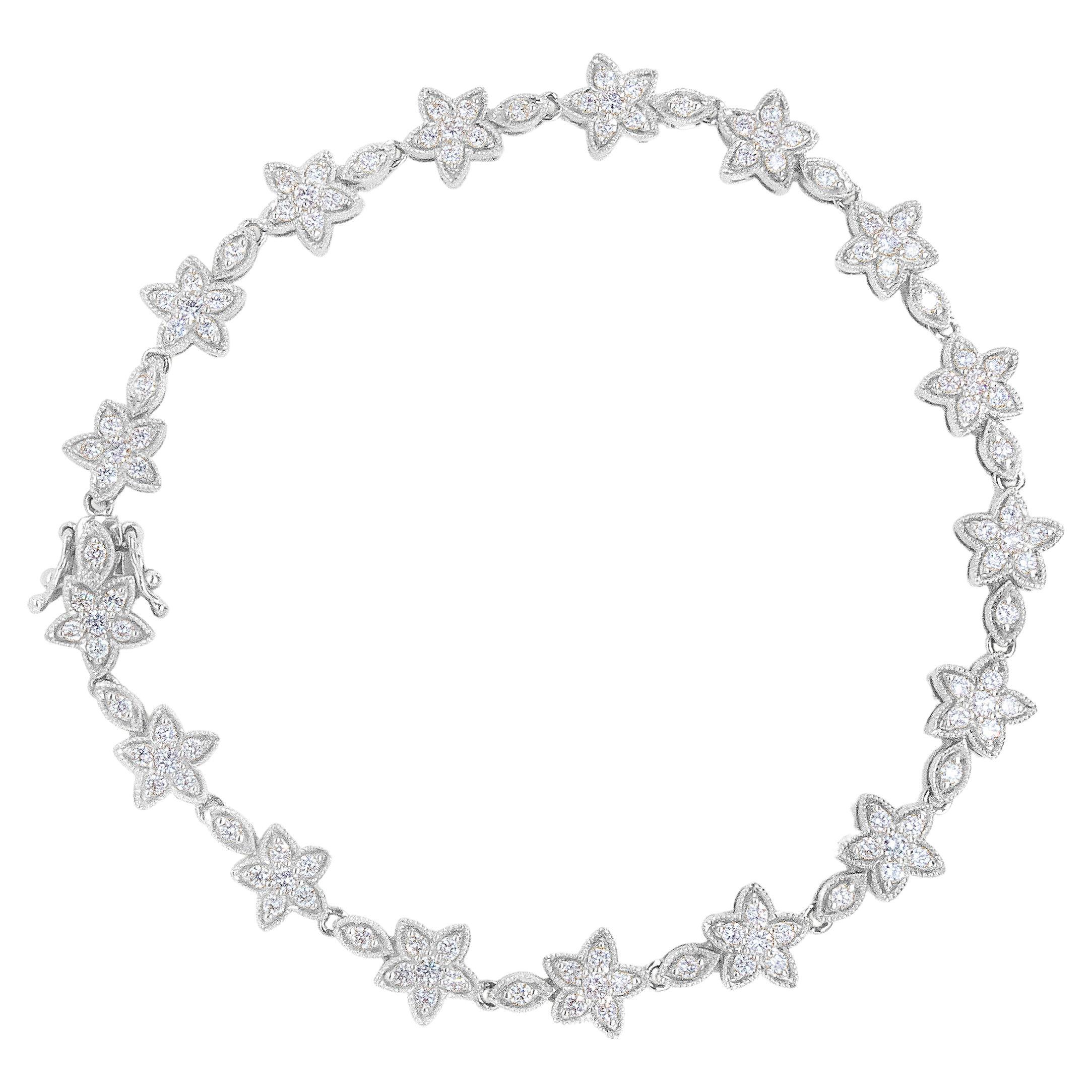 Bracelet à maillons en or blanc 14 carats avec fleurs et diamants ronds de 1 1/5 carat