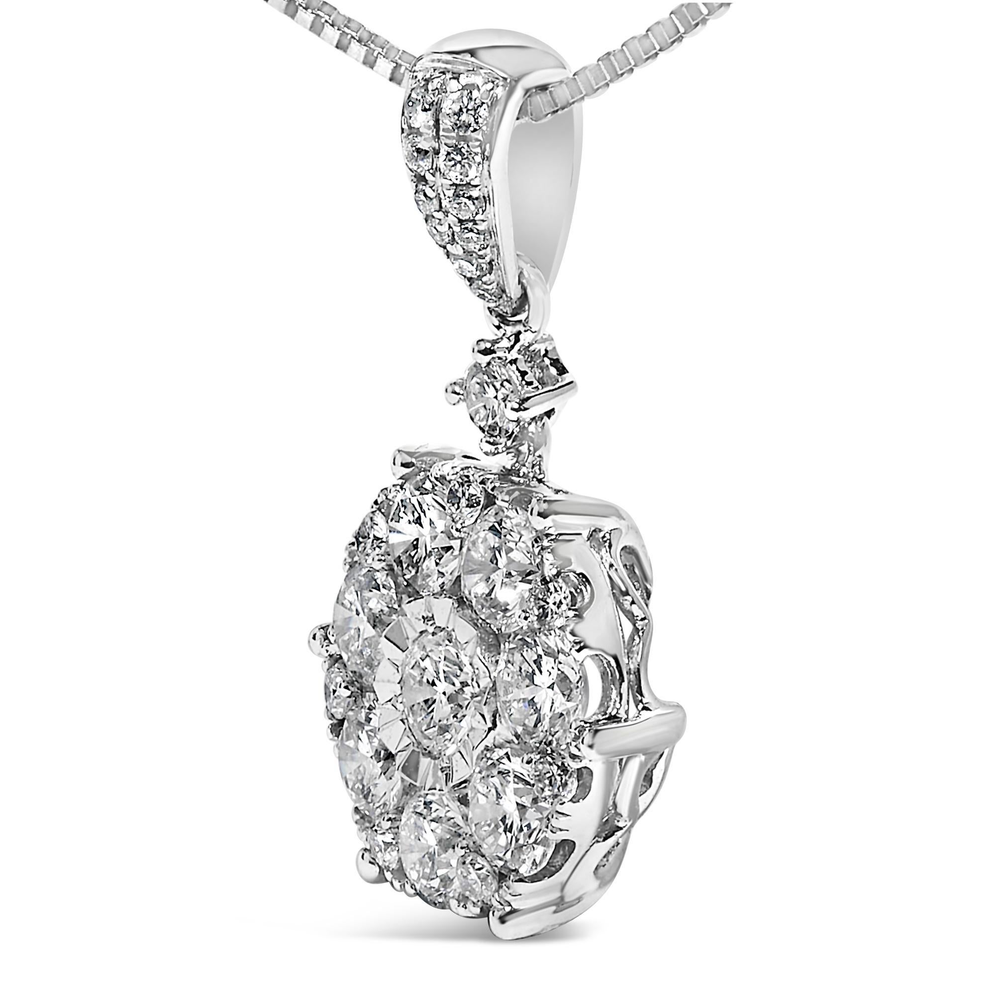 Modern 14K White Gold 1 1/5 Cttw Diamond Composite Cluster Pendant Necklace For Sale