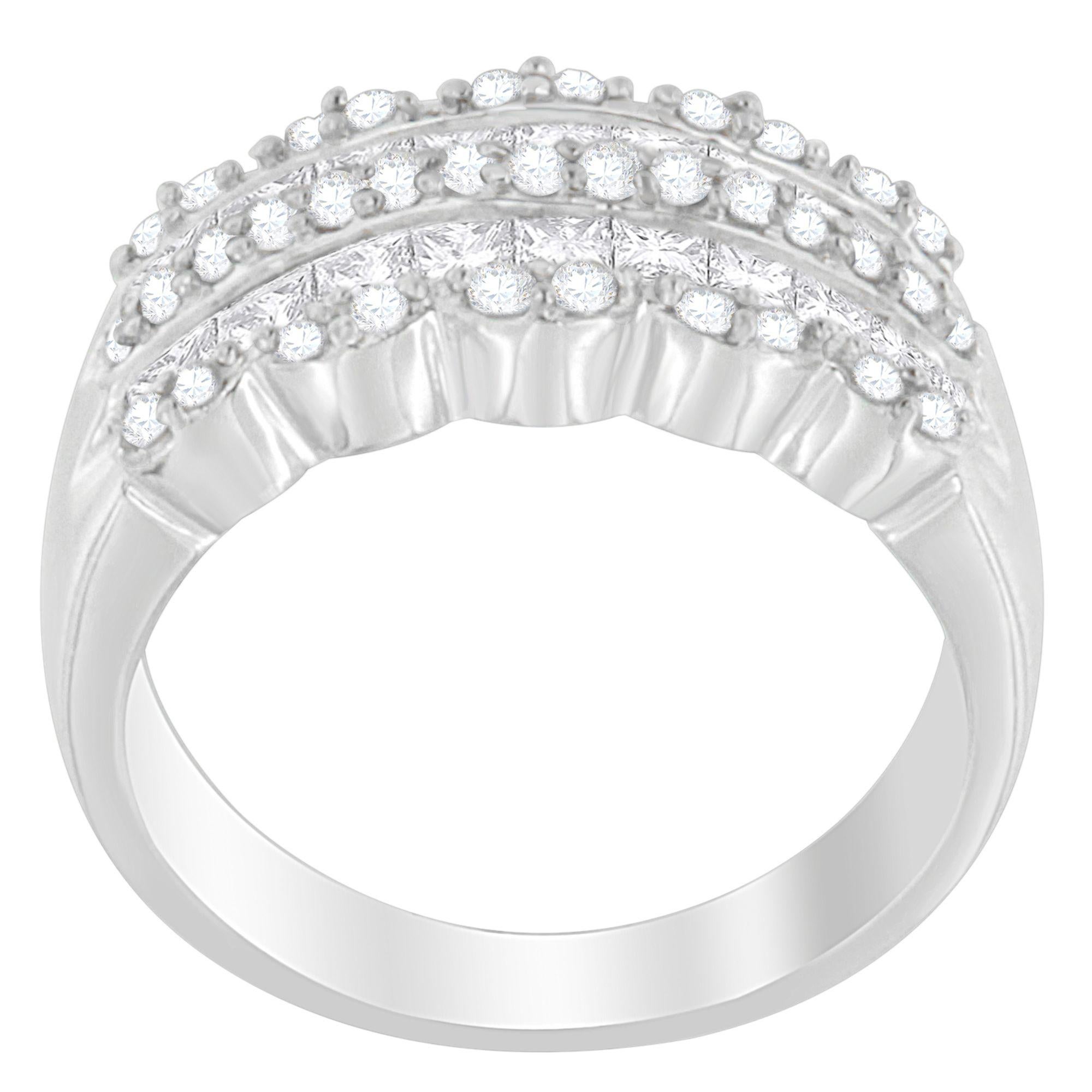 Modern design, multi-row 14KT white gold ring with gorgeous round- and princess-cut natural diamonds. This style is sure to stand out from the crowd, and to last for a lifetime.

Product Features: 

Diamond Type: Natural White Diamonds
Diamond