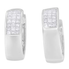 14K White Gold 1 1/8 cttw Princess and Round Cut Diamond Huggie Earrings