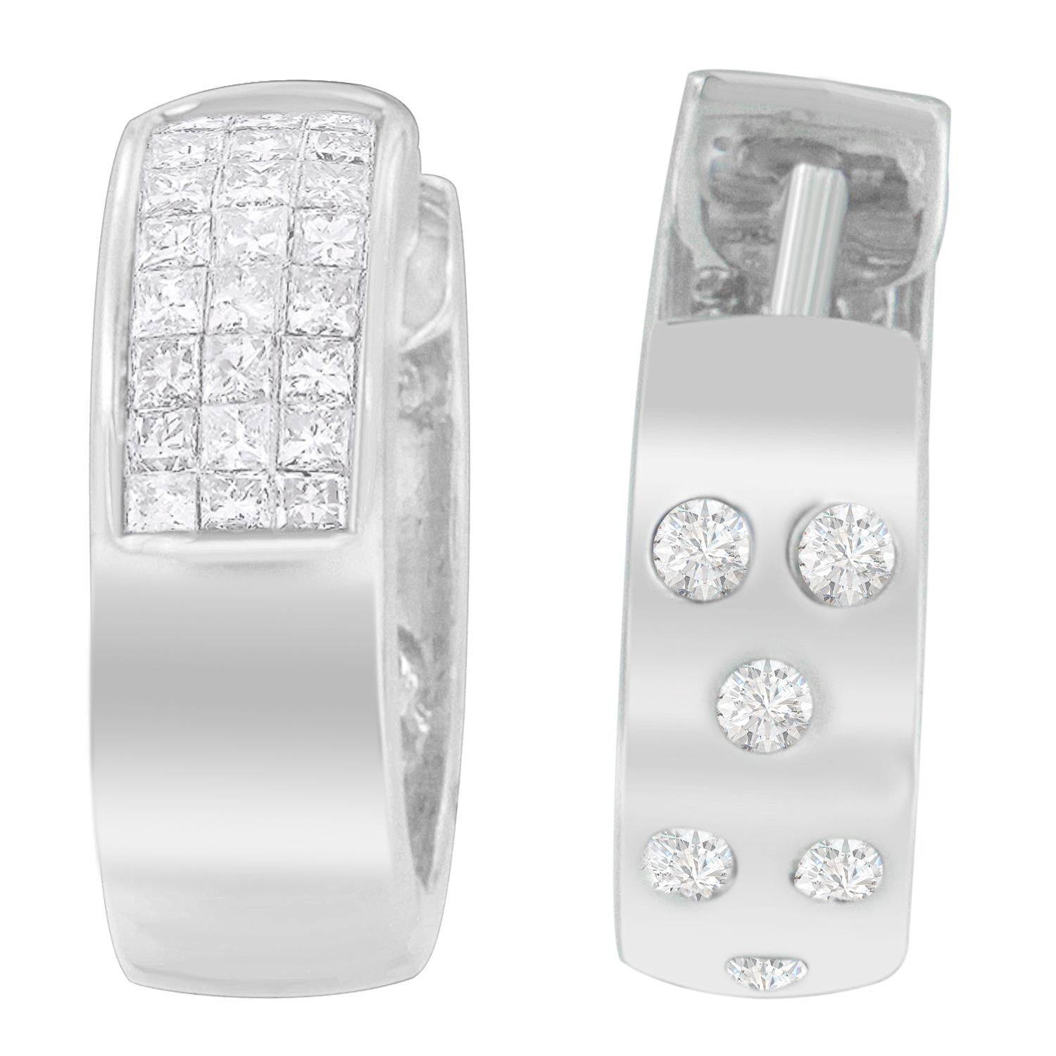 Contemporary 14k White Gold 1 1/8 Carat Princess and Round Cut Diamond Huggie Earrings For Sale