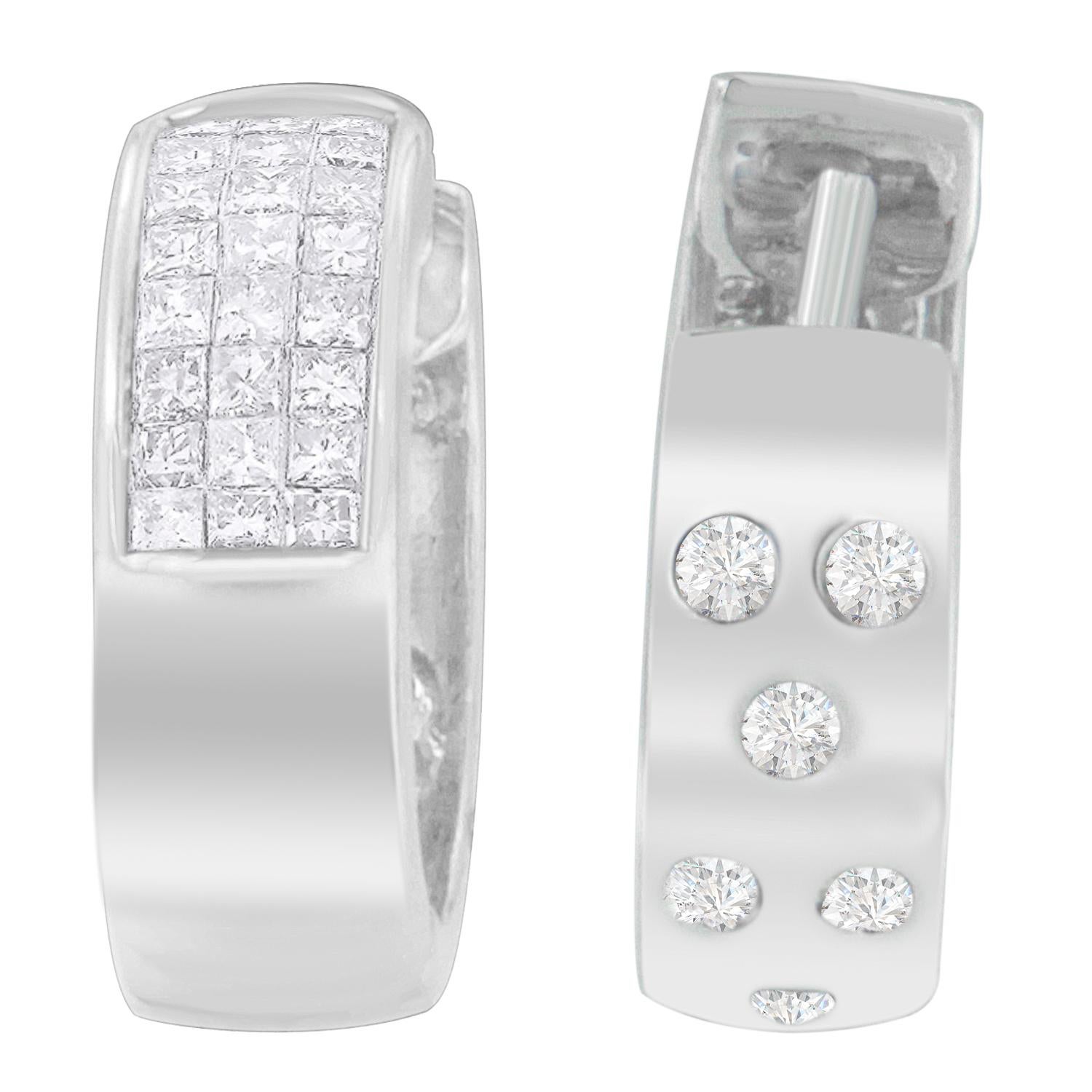 Contemporain Boucles d'oreilles Huggie en or blanc 14k 1 1/8 carat Princesse et diamant taille ronde en vente