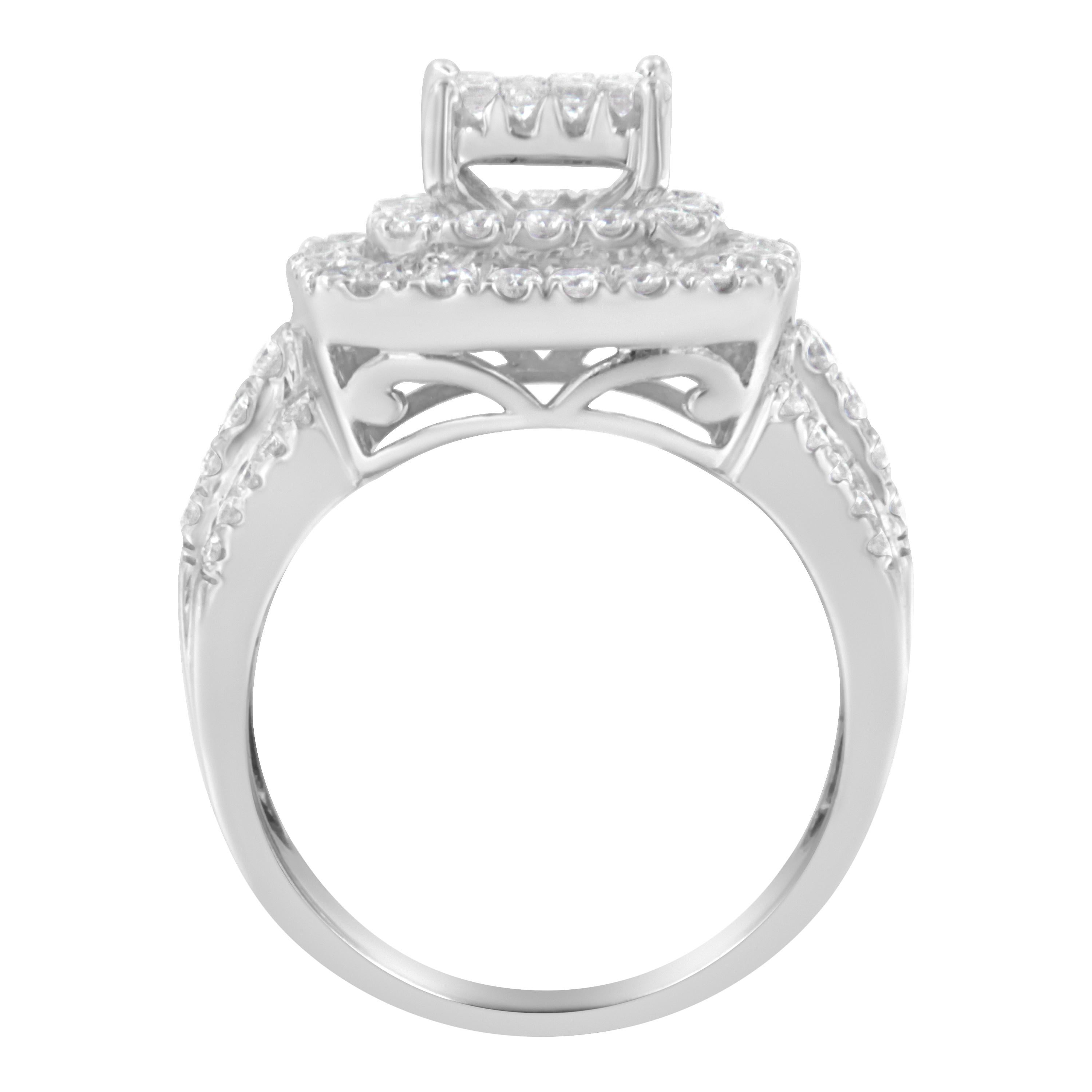 This diamond cocktail ring sparkles with a central square cluster of round diamonds surrounded by a double halo. The wide band is crafted in 14 karat white gold and has three rows of round diamonds. It has a total diamonds weight of 1 1/2 carats.