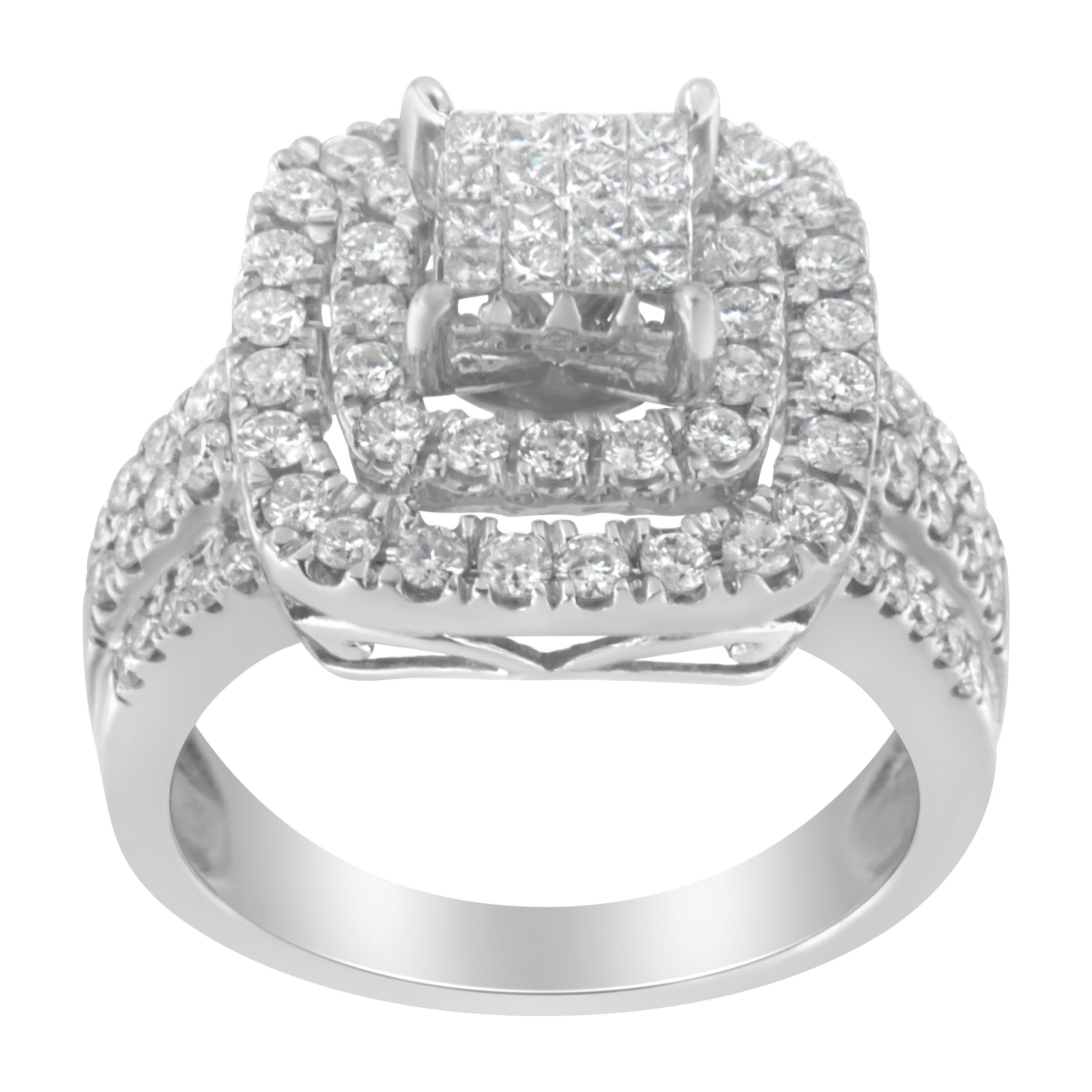 Contemporary 14k White Gold 1 ½ Carat Diamond Double Halo Cocktail Ring For Sale