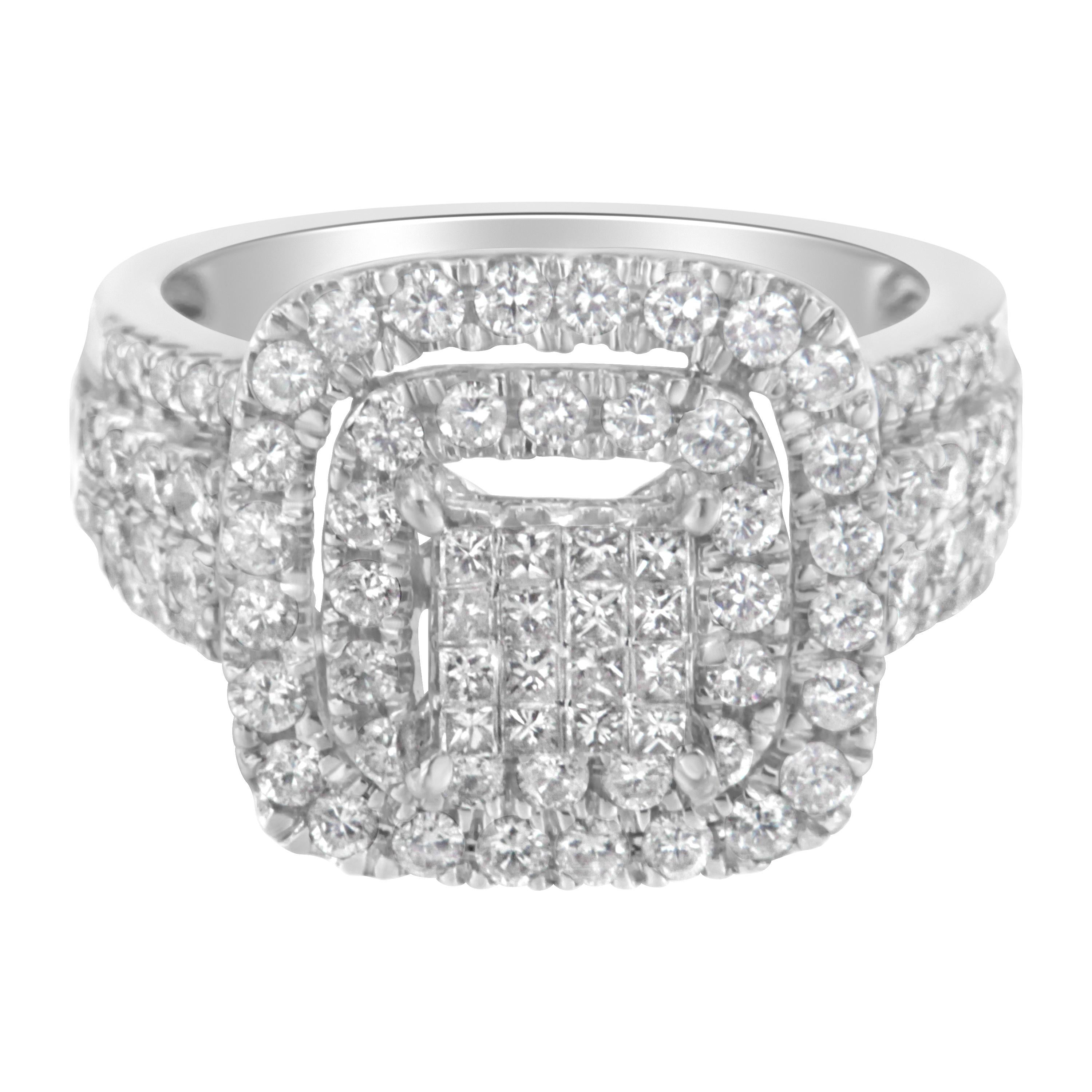 Round Cut 14k White Gold 1 ½ Carat Diamond Double Halo Cocktail Ring For Sale