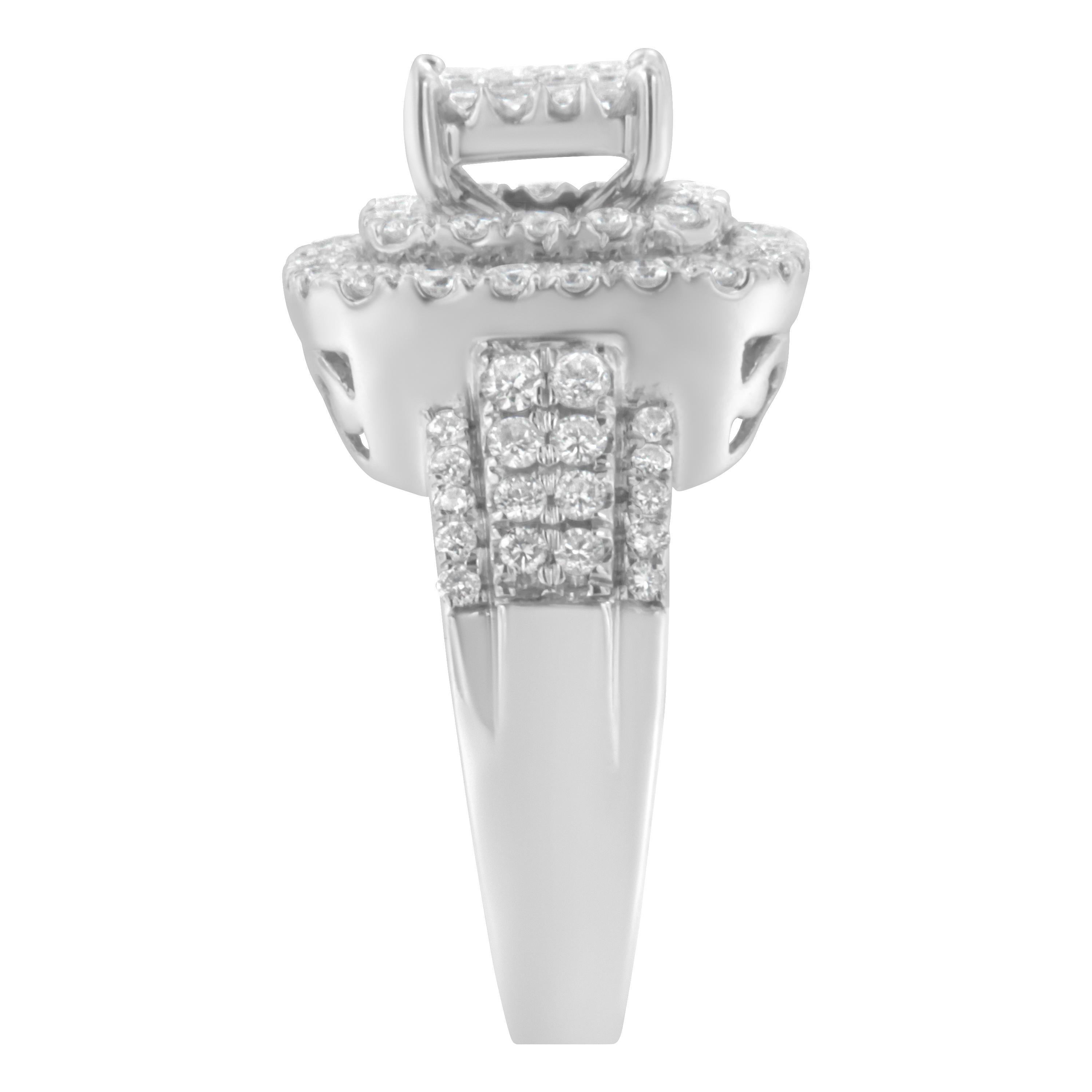 14k White Gold 1 ½ Carat Diamond Double Halo Cocktail Ring In New Condition For Sale In New York, NY