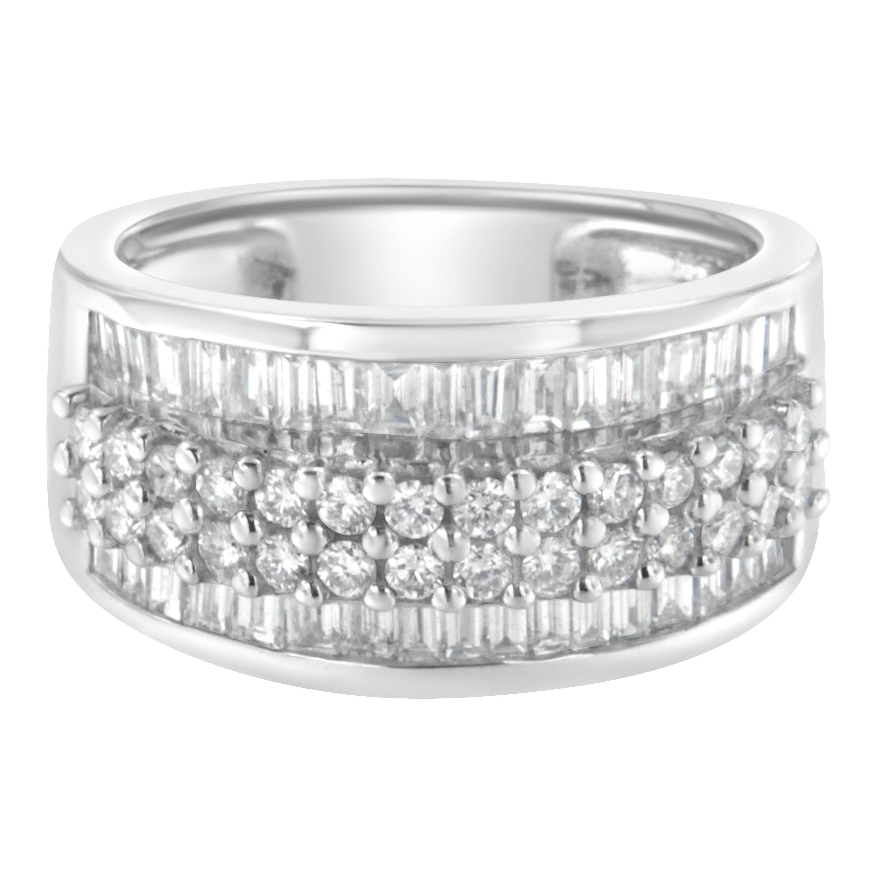 Round Cut 14K White Gold 1 ½ Carat Round and Baguette Diamond Multi-Row Wide Band Ring For Sale